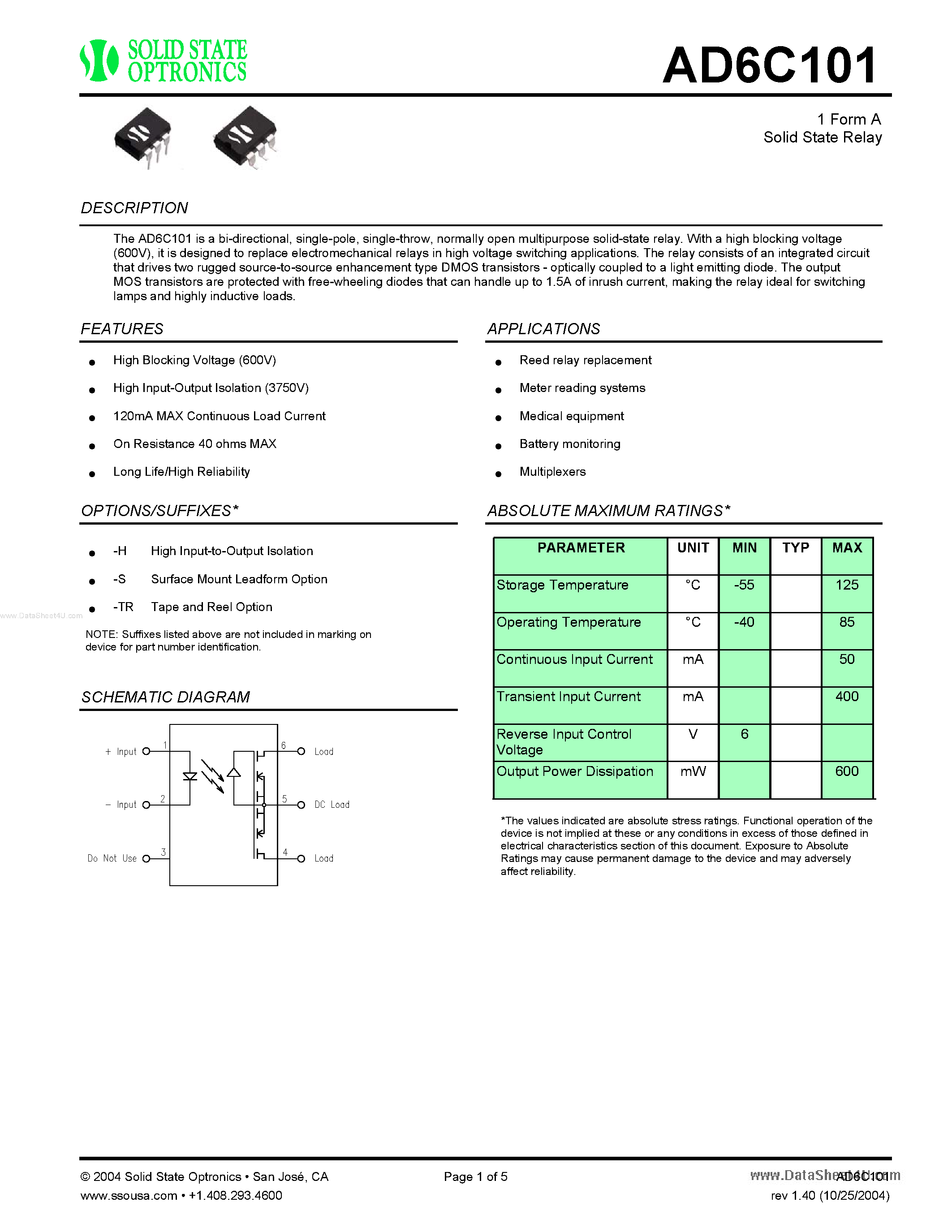 Datasheet AD6C101 - 1 Form A Solid State Relay page 1