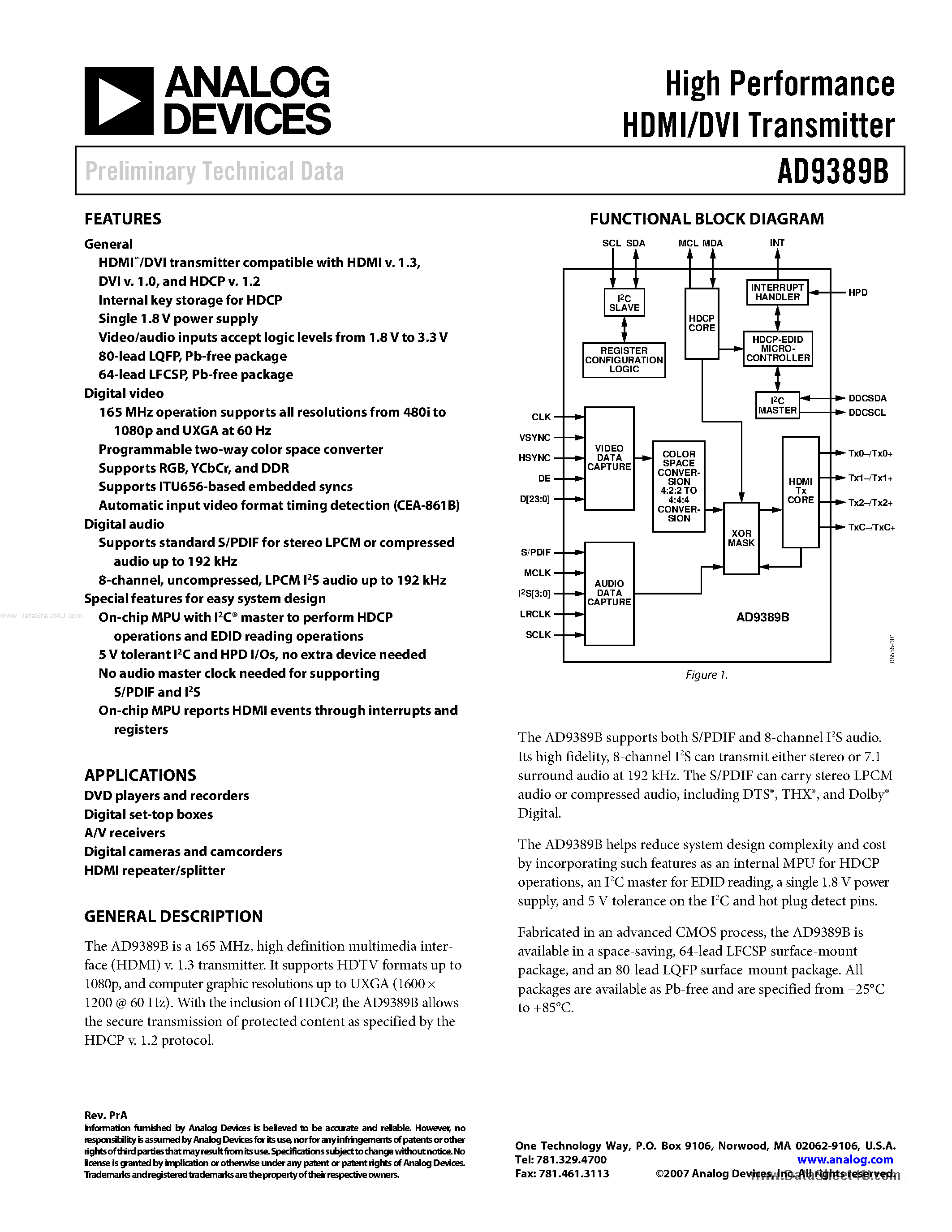 Datasheet AD9389B page 1 Datasheet AD9389B - High Performance HDMI/DVI Transmitter page 1