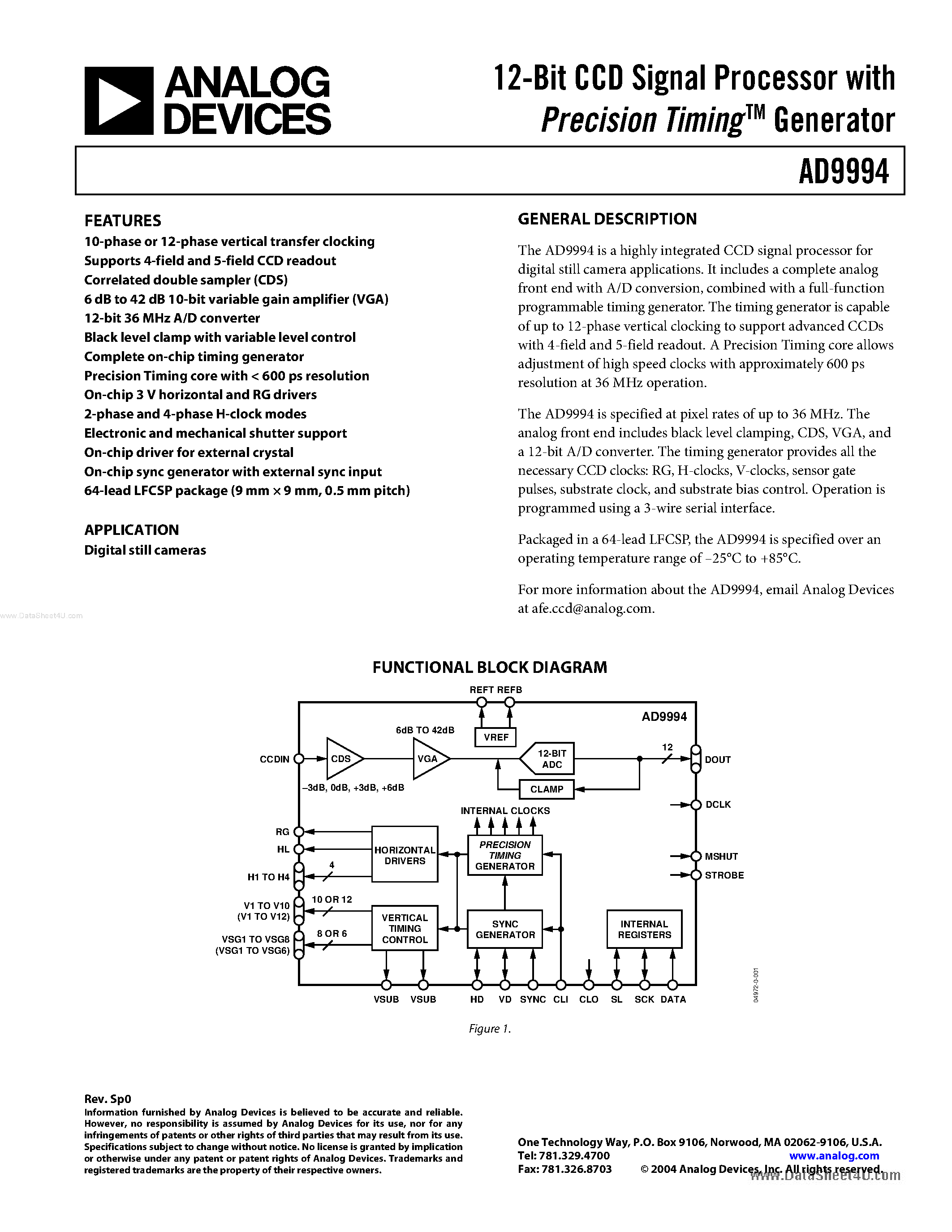 Datasheet AD9994 page 1 Datasheet AD9994 - 12-Bit CCD Signal Processor page 1