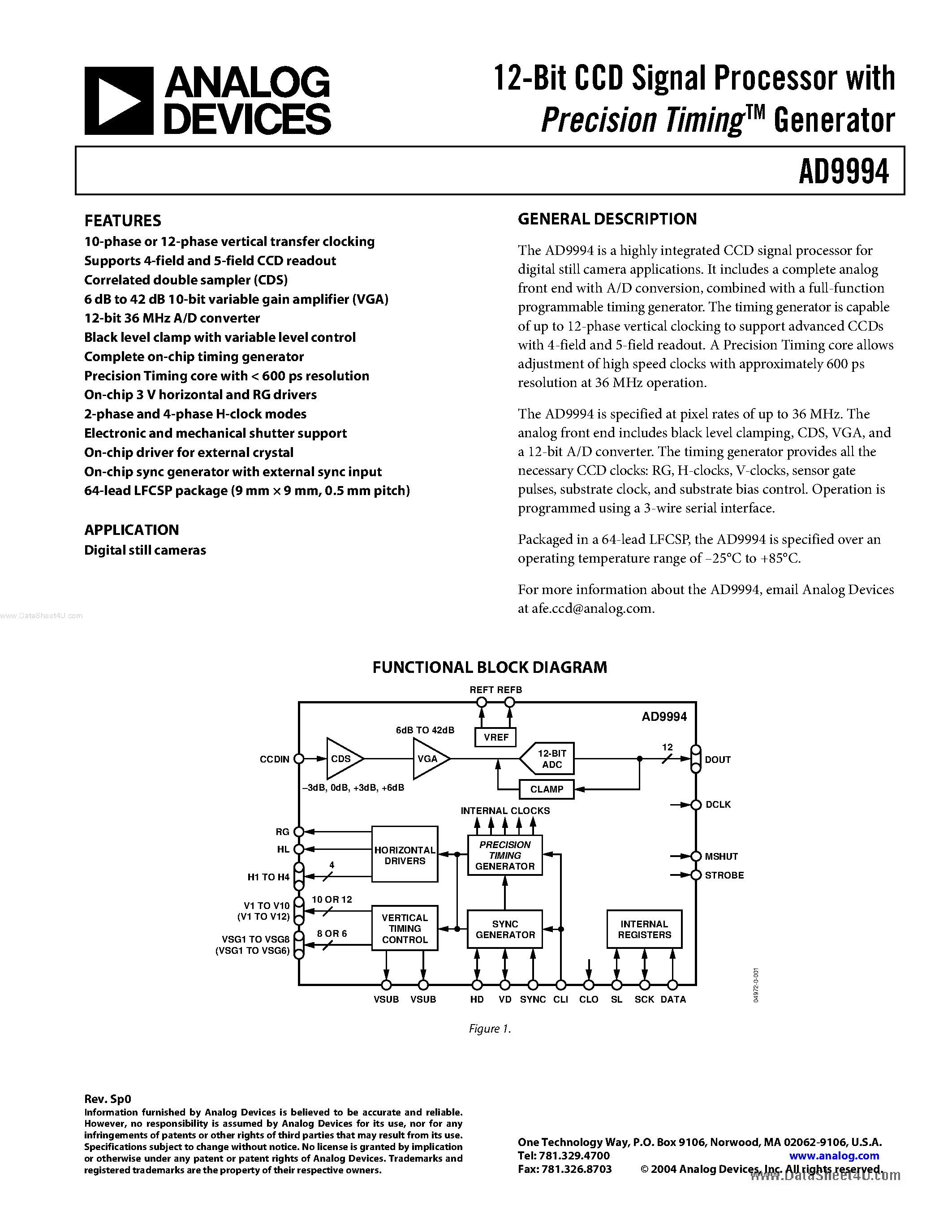Даташит AD9994 - 12-Bit CCD Signal Processor страница 1