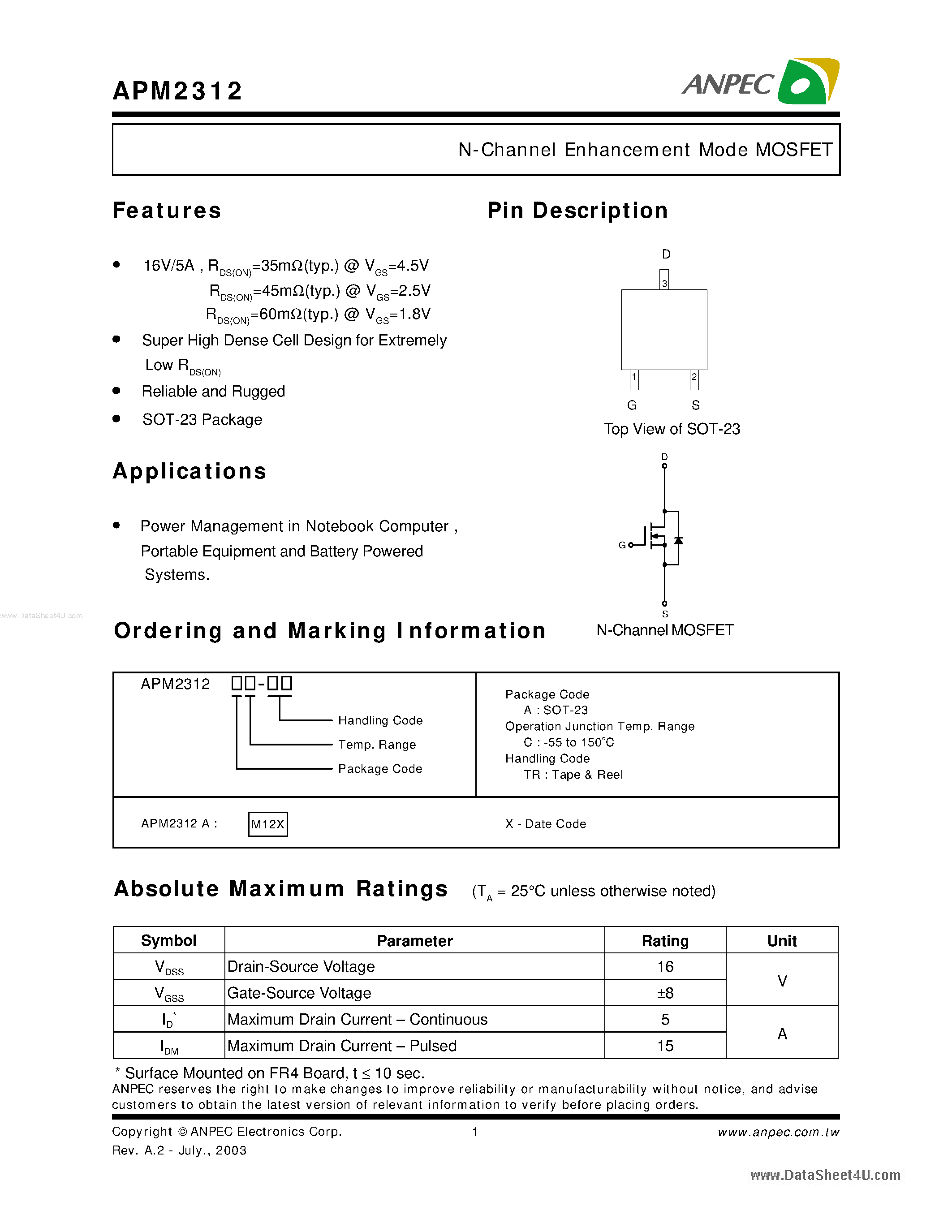 Datasheet APM2312 - N-Channel Enhancement Mode MOSFET page 1
