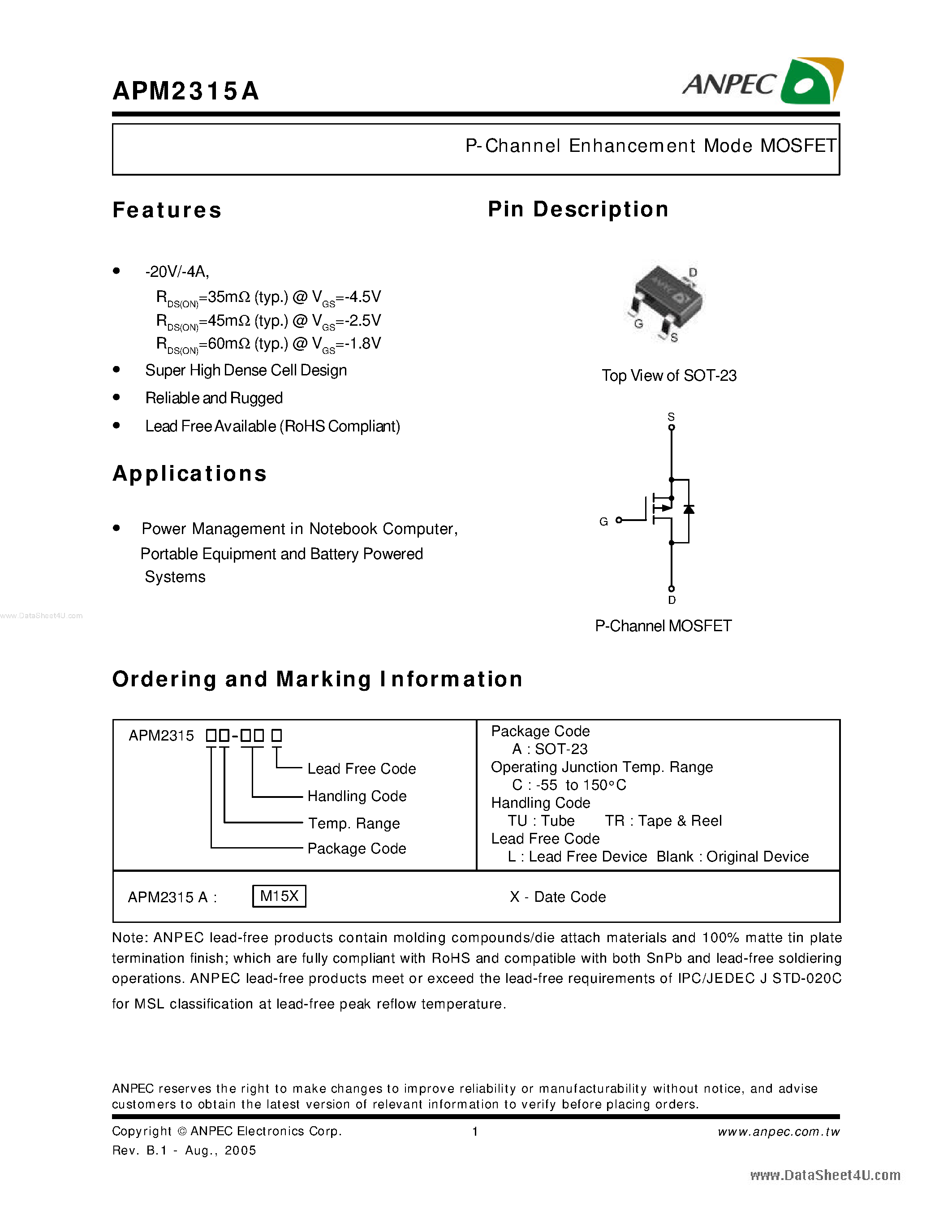 Даташит APM2315A - P-Channel Enhancement Mode MOSFET страница 1