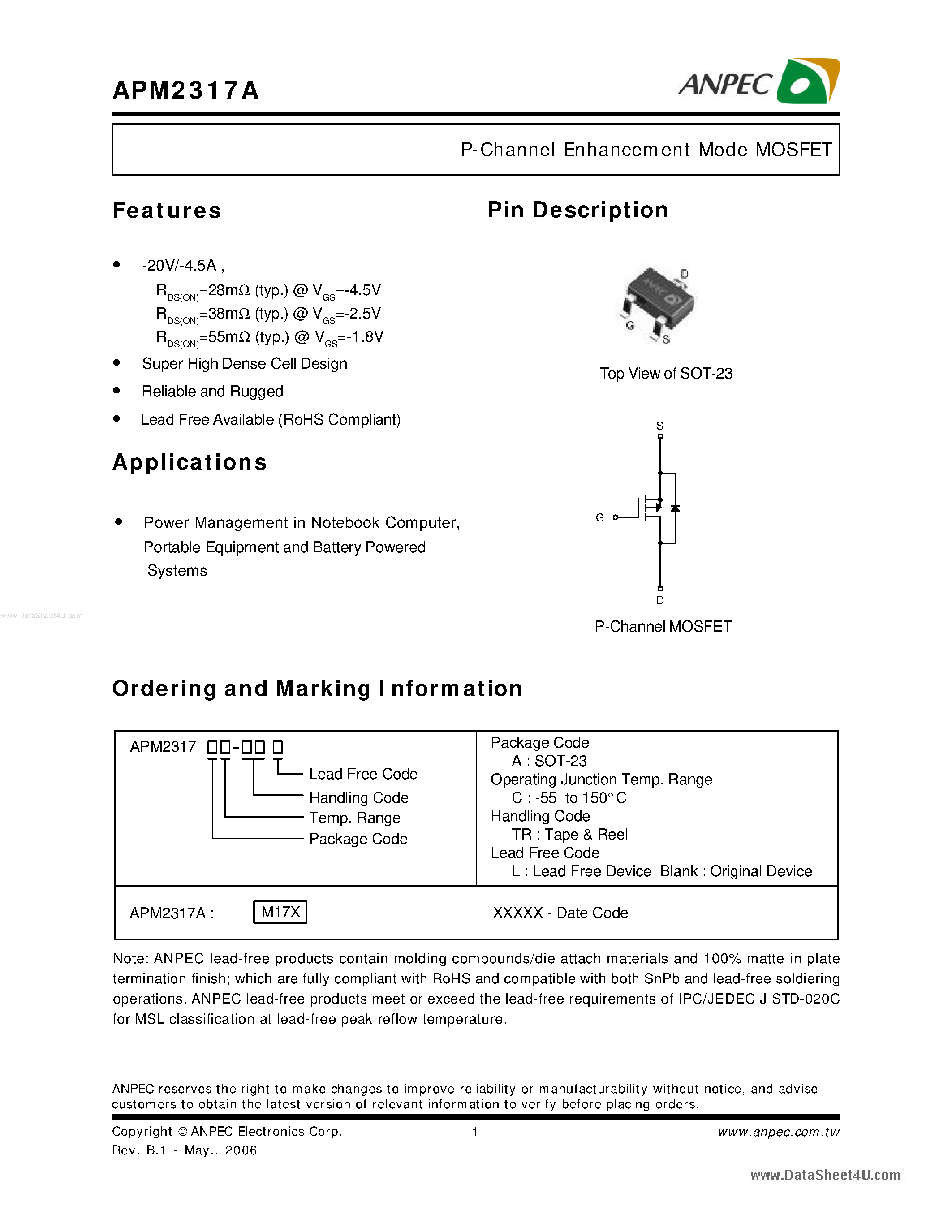 Даташит APM2317A - P-Channel Enhancement Mode MOSFET страница 1
