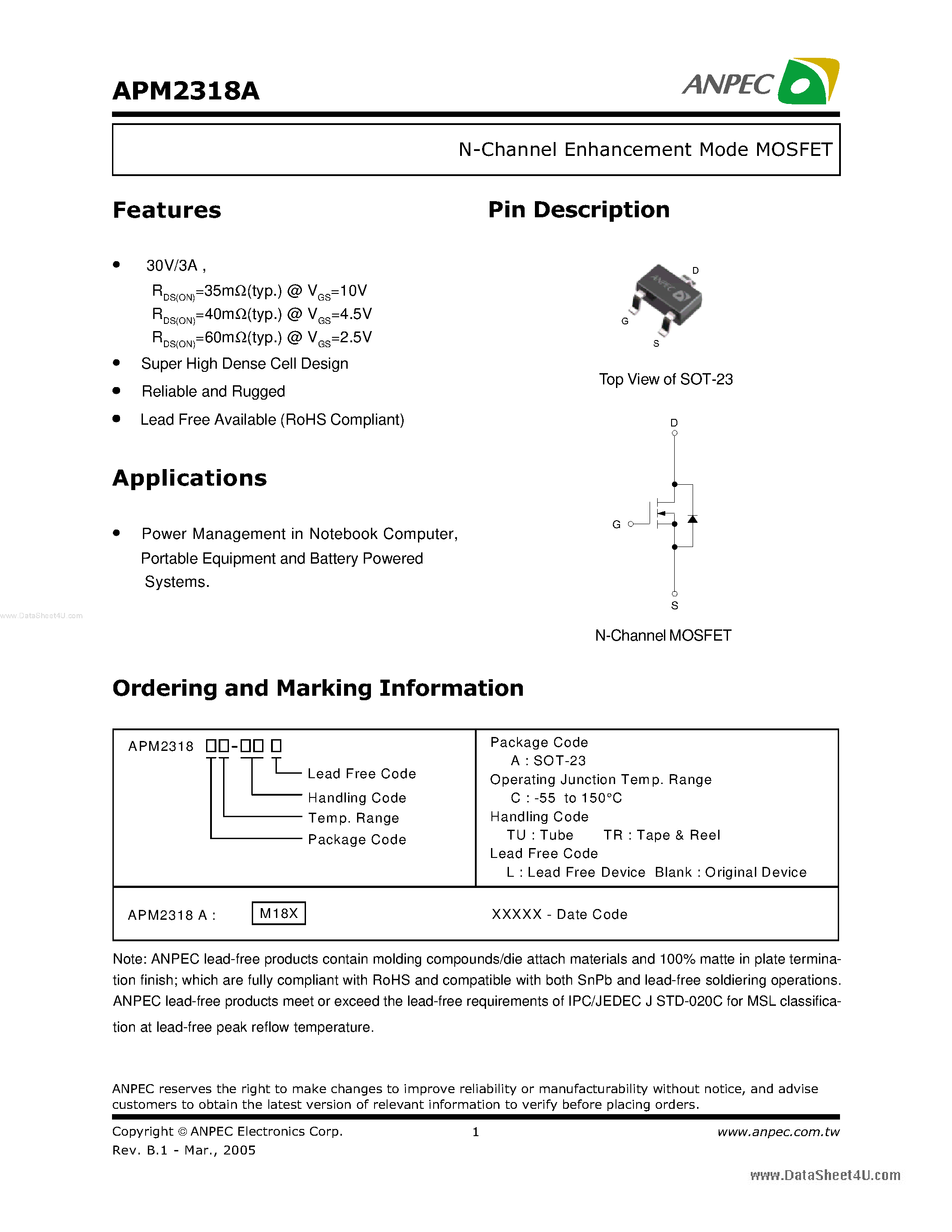 Datasheet APM2318A - N-Channel Enhancement Mode MOSFET page 1