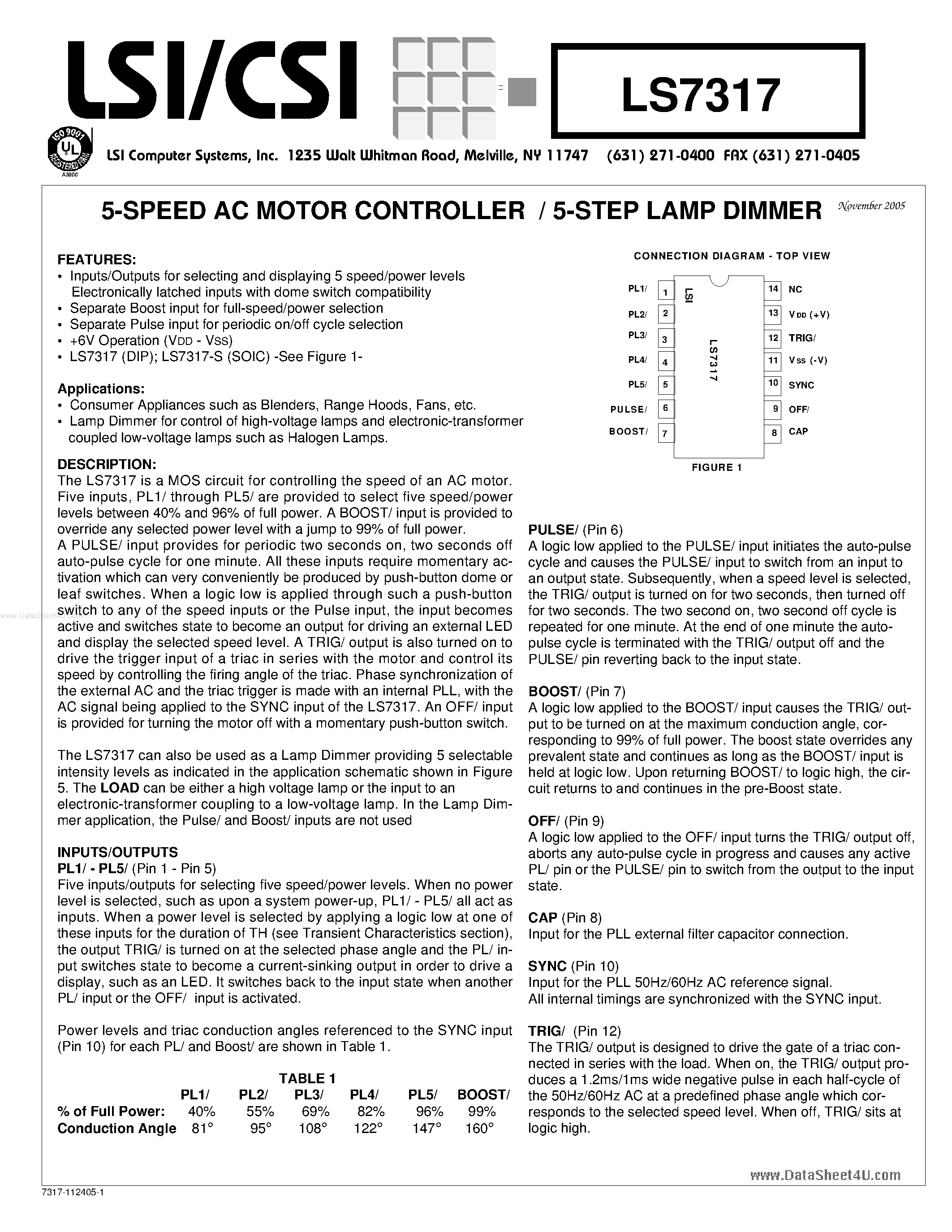 Datasheet LS7317 - 5-SPEED AC MOTOR CONTROLLER / 5-STEP LAMP DIMMER page 1