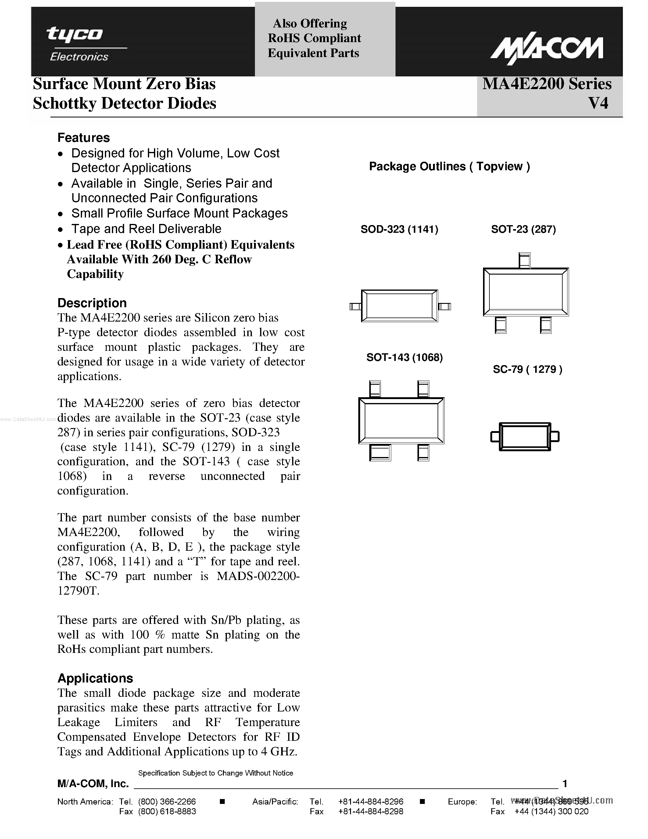 Даташит на микросхему MA4E2200 страница 1 Даташит MA4E2200 - Surface Mount Zero Bias Schottky Detector Diodes страница 1