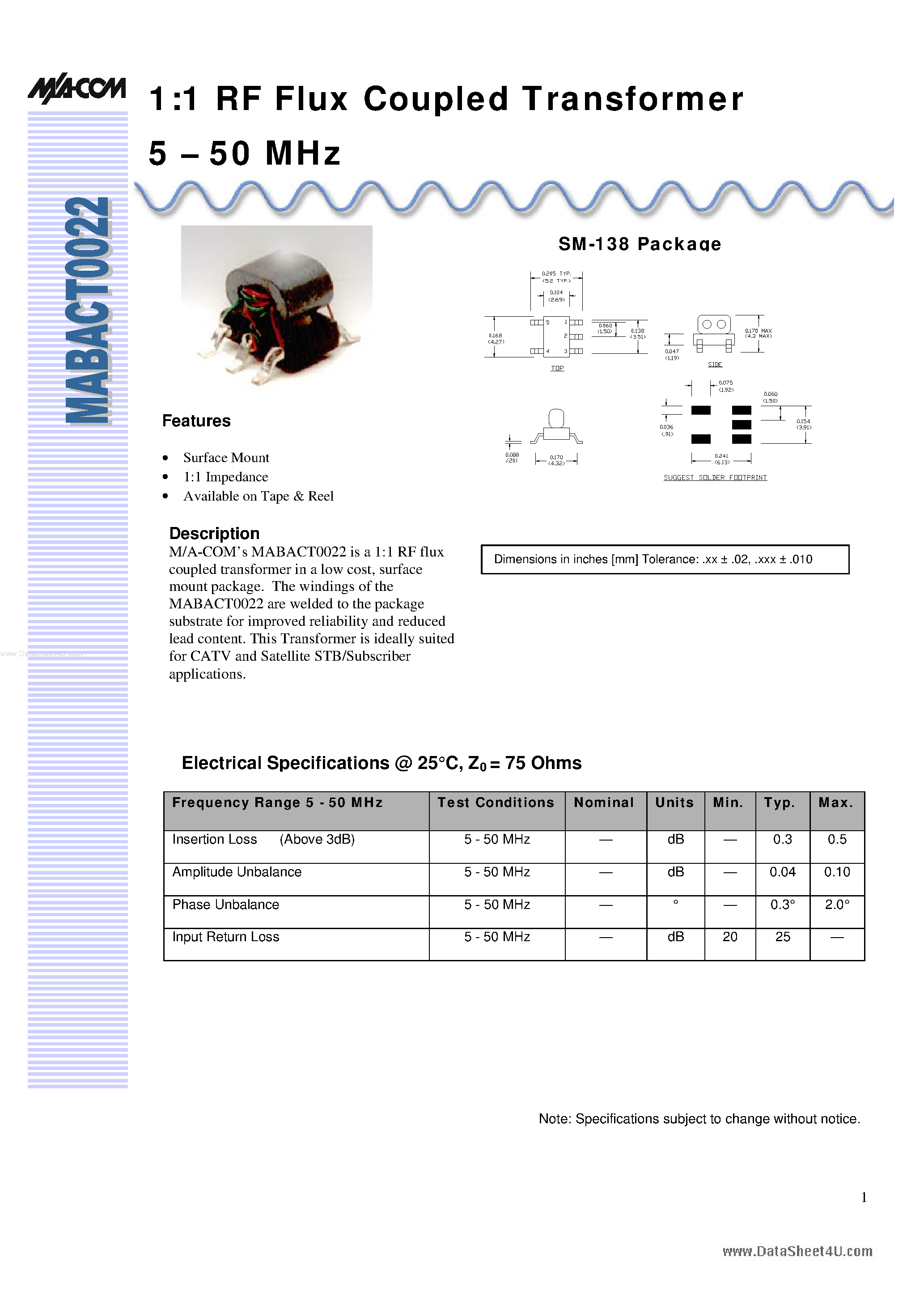 Даташит на микросхему MABACT0022 страница 1 Даташит MABACT0022 - 1:1 RF Flux Coupled Transformer страница 1