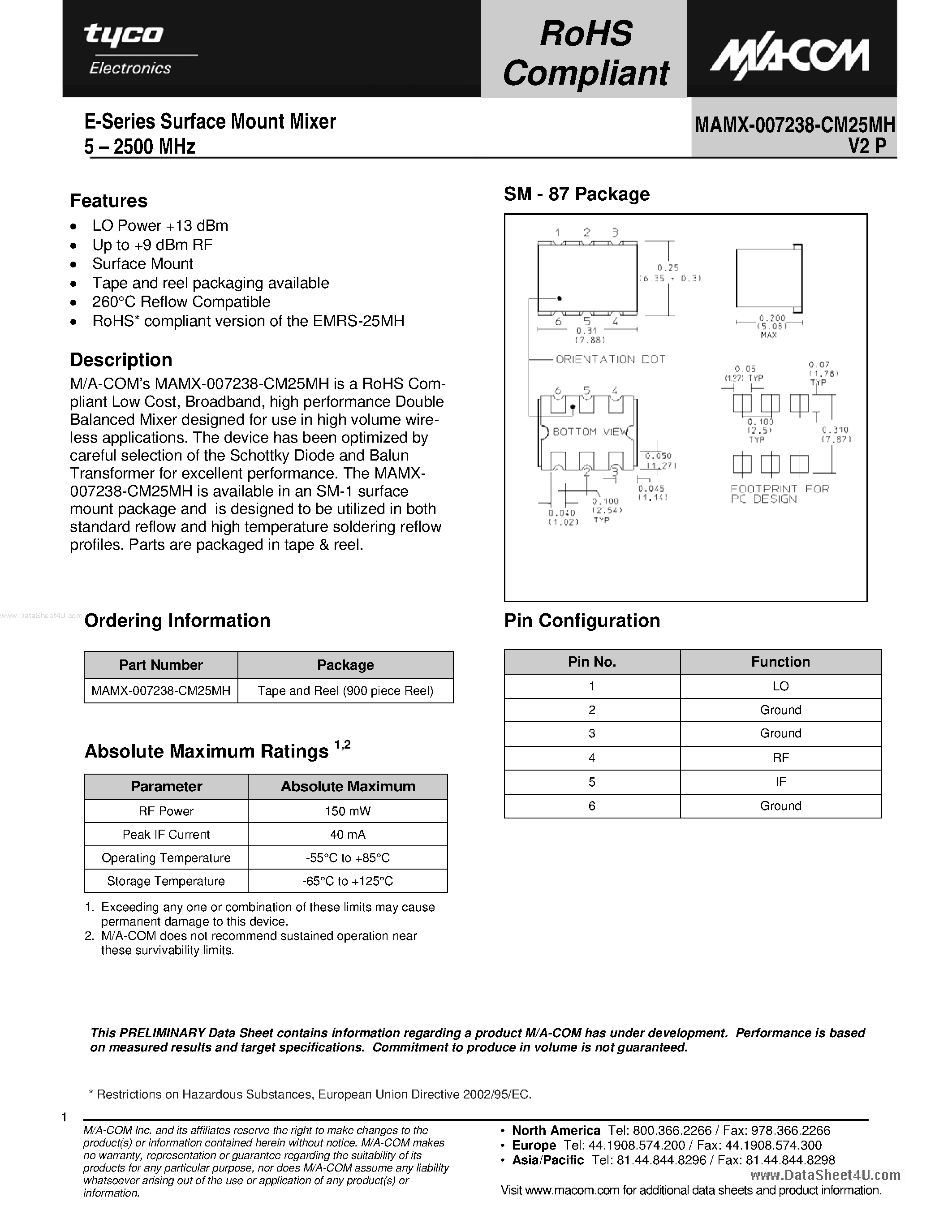 Datasheet MAMX-007238-CM25MH - E-Series Surface Mount Mixer page 1