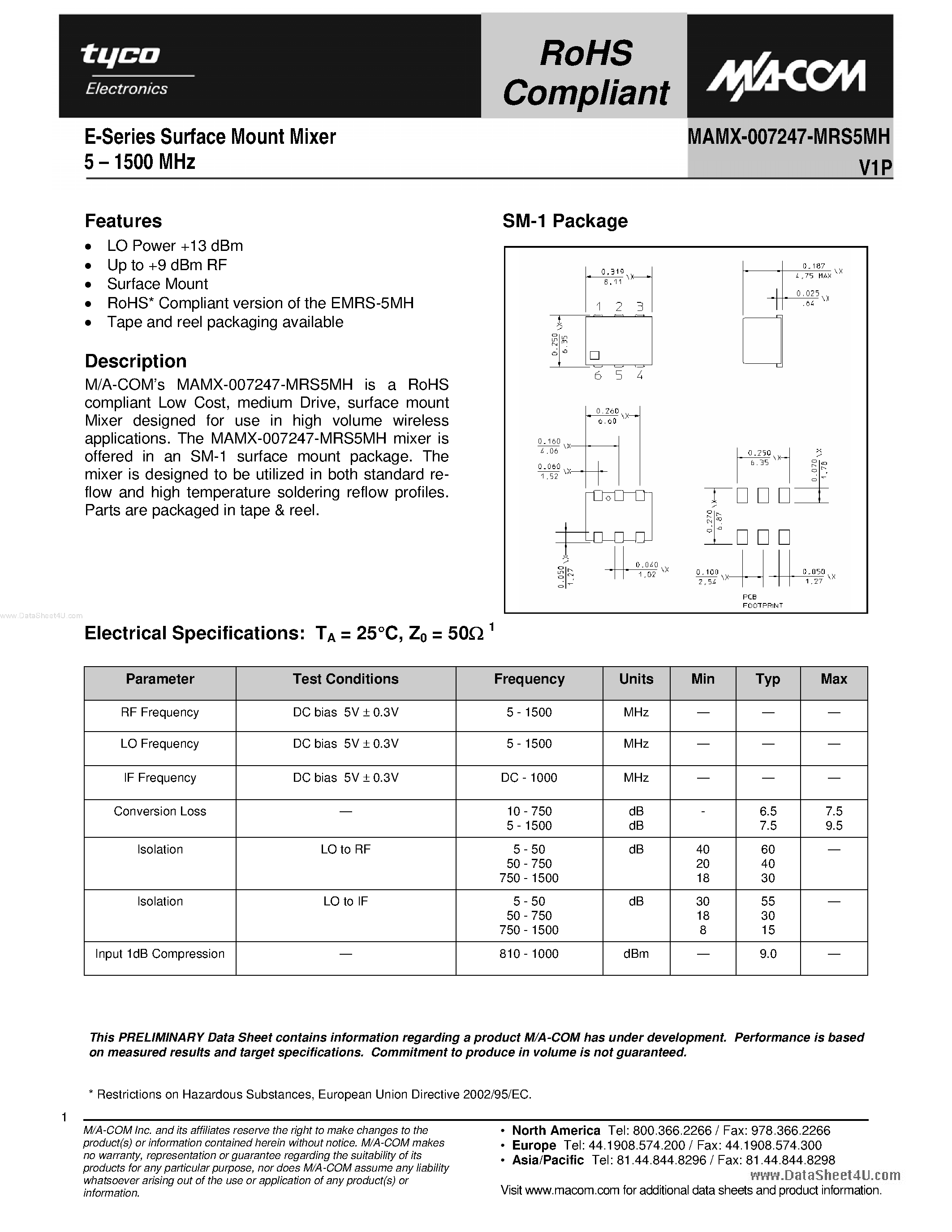 Datasheet MAMX-007247-MRS5MH - E-Series Surface Mount Mixer page 1