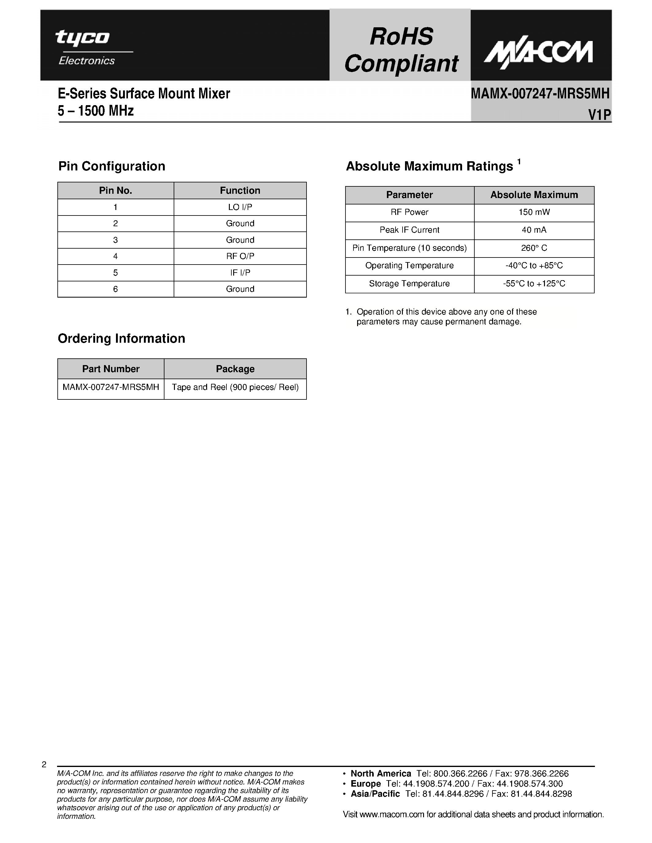 Datasheet MAMX-007247-MRS5MH - E-Series Surface Mount Mixer page 2
