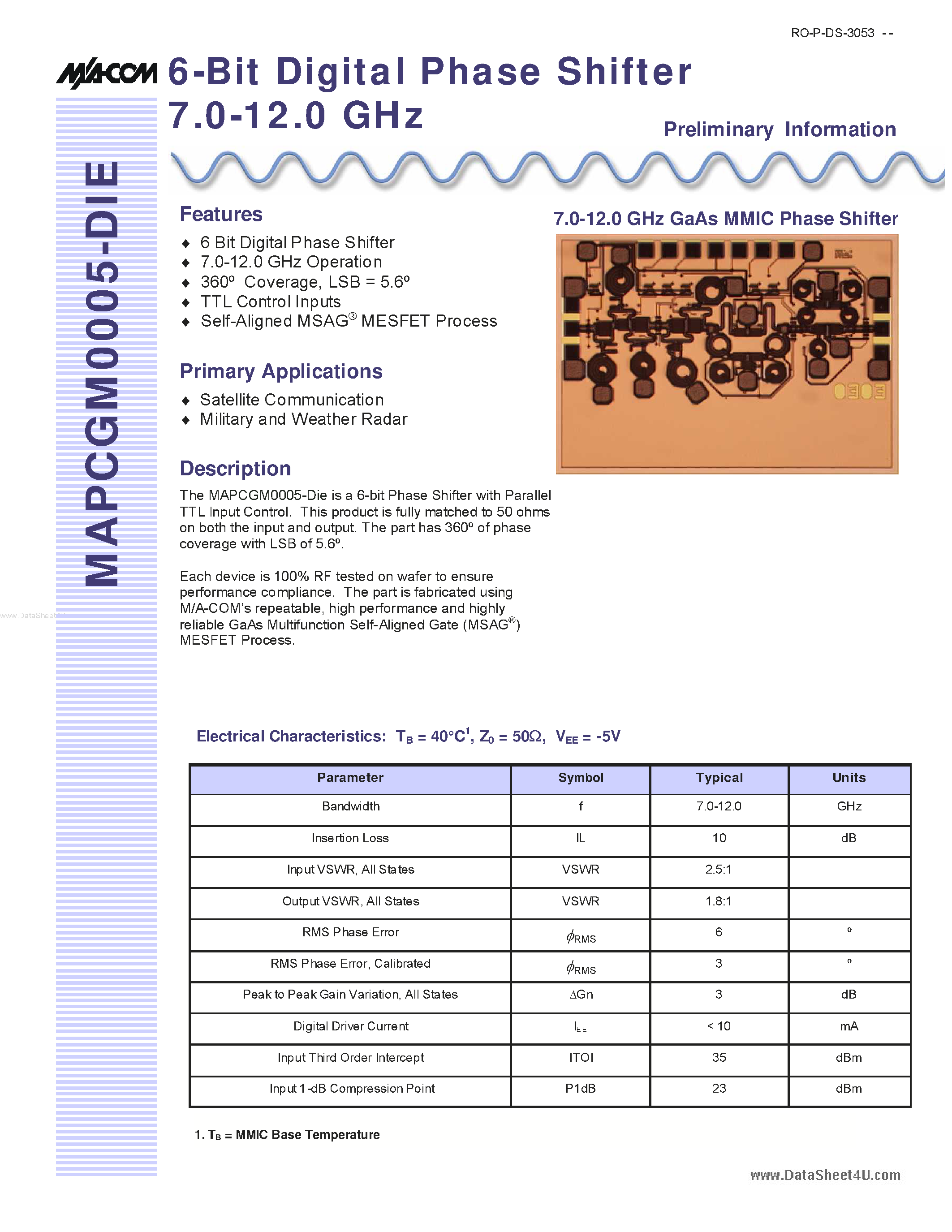 Datasheet MAPCGM0005-DIE - 6-Bit Digital Phase Shifter page 1