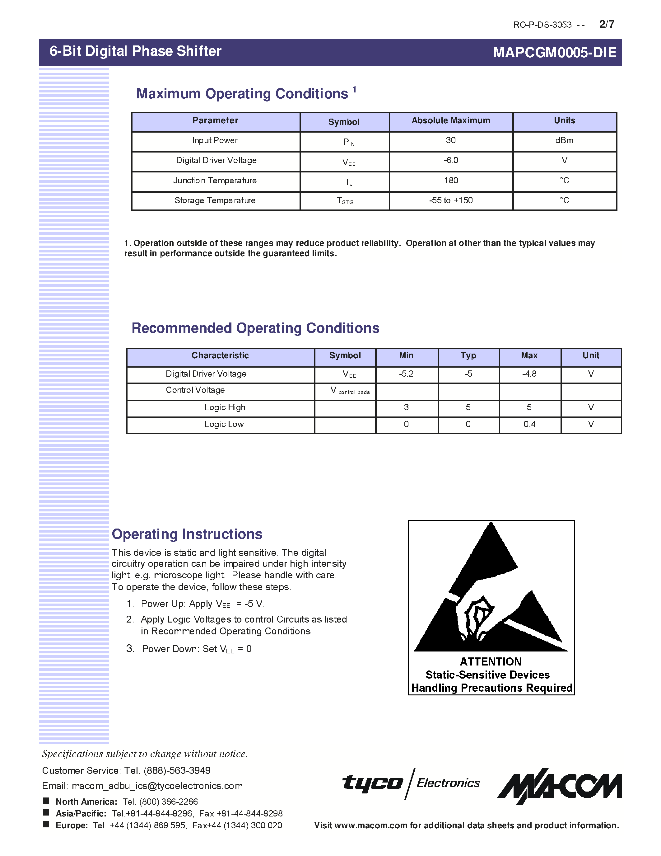 Datasheet MAPCGM0005-DIE - 6-Bit Digital Phase Shifter page 2