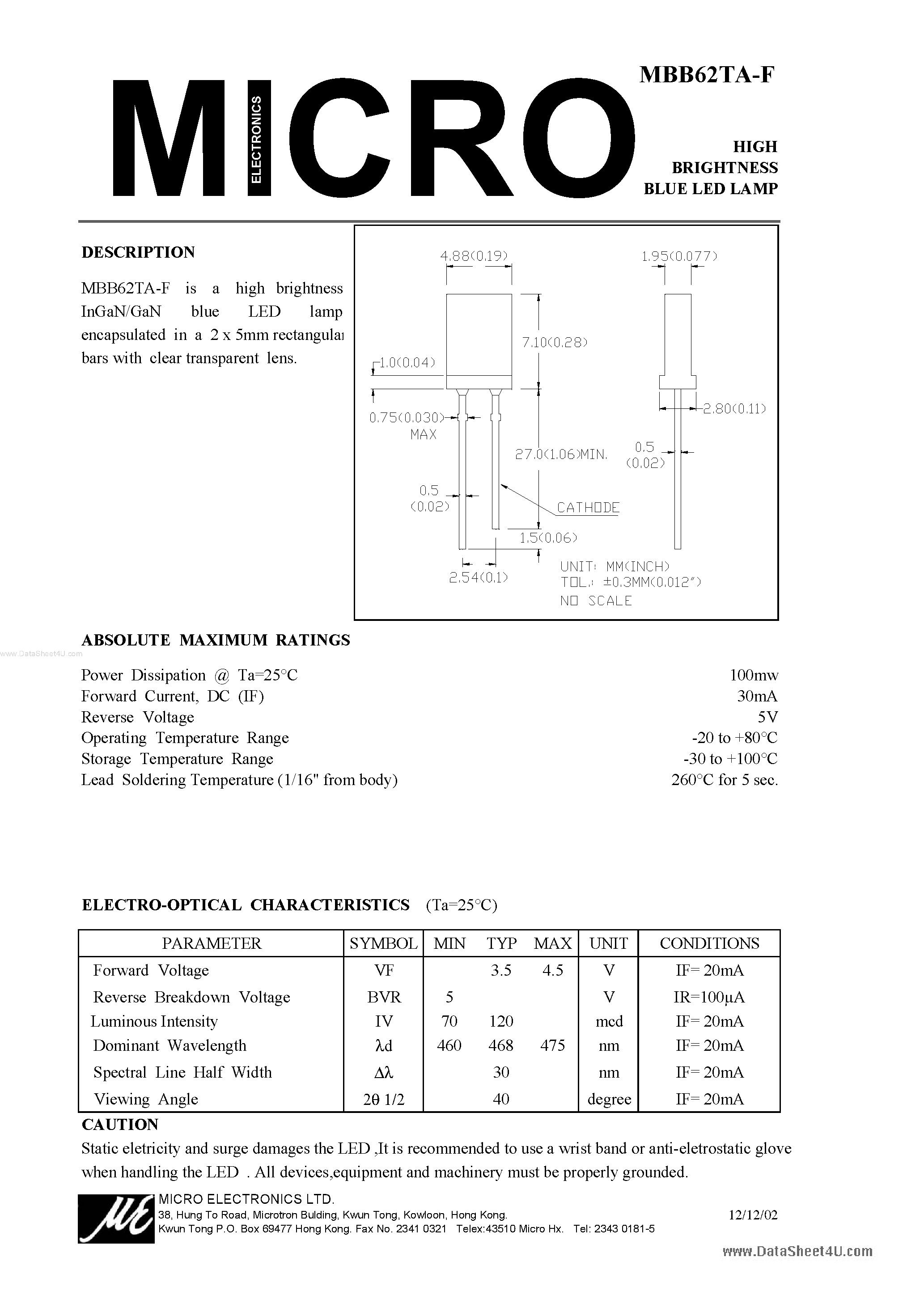 Даташит на микросхему MBB62TA-F страница 1 Даташит MBB62TA-F - HIGH BRIGHTNESS BLUE LED LAMP страница 1