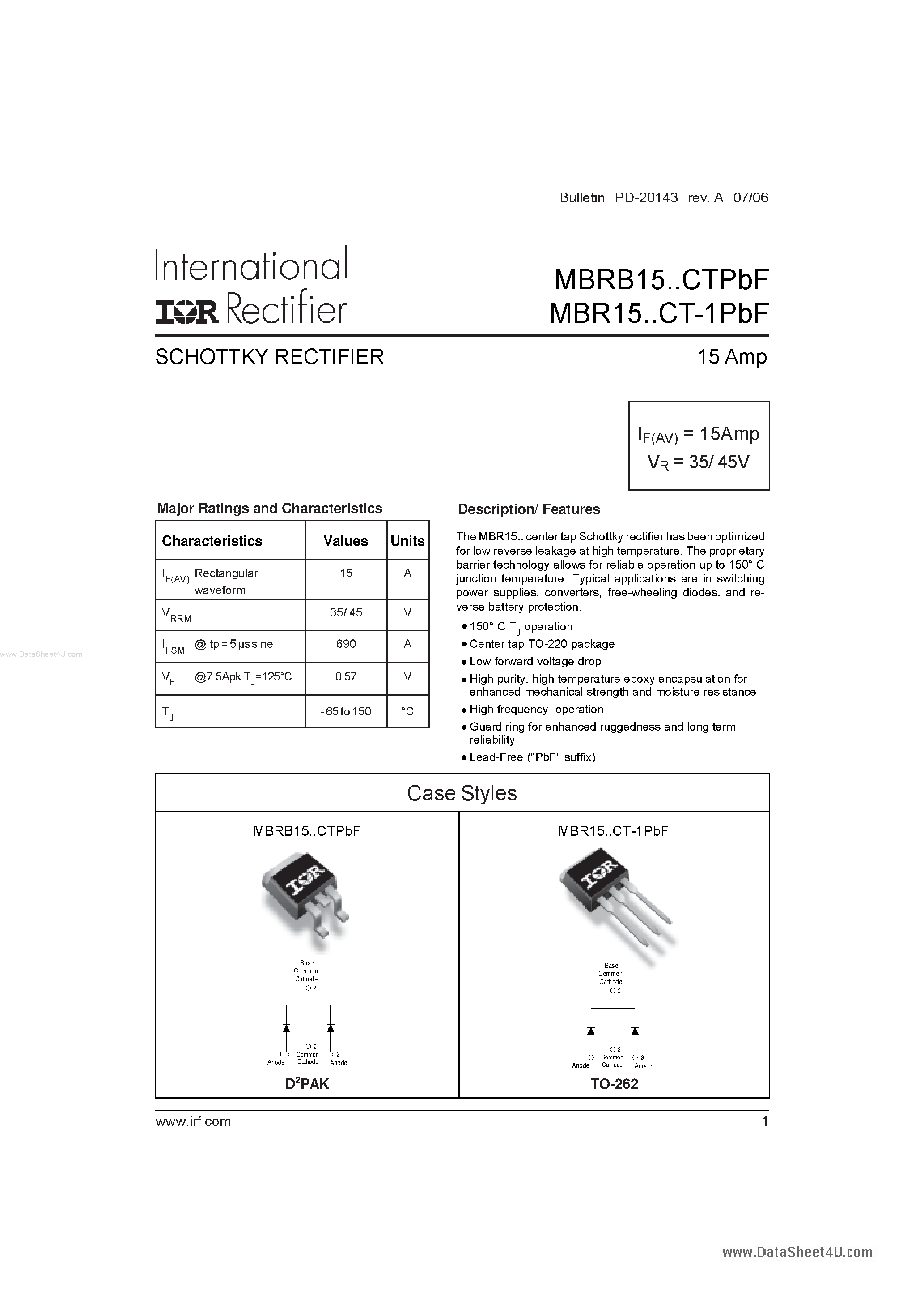 Datasheet MBR1535CT-1 - (MBR15xxCTPbF) SCHOTTKY RECTIFIER page 1