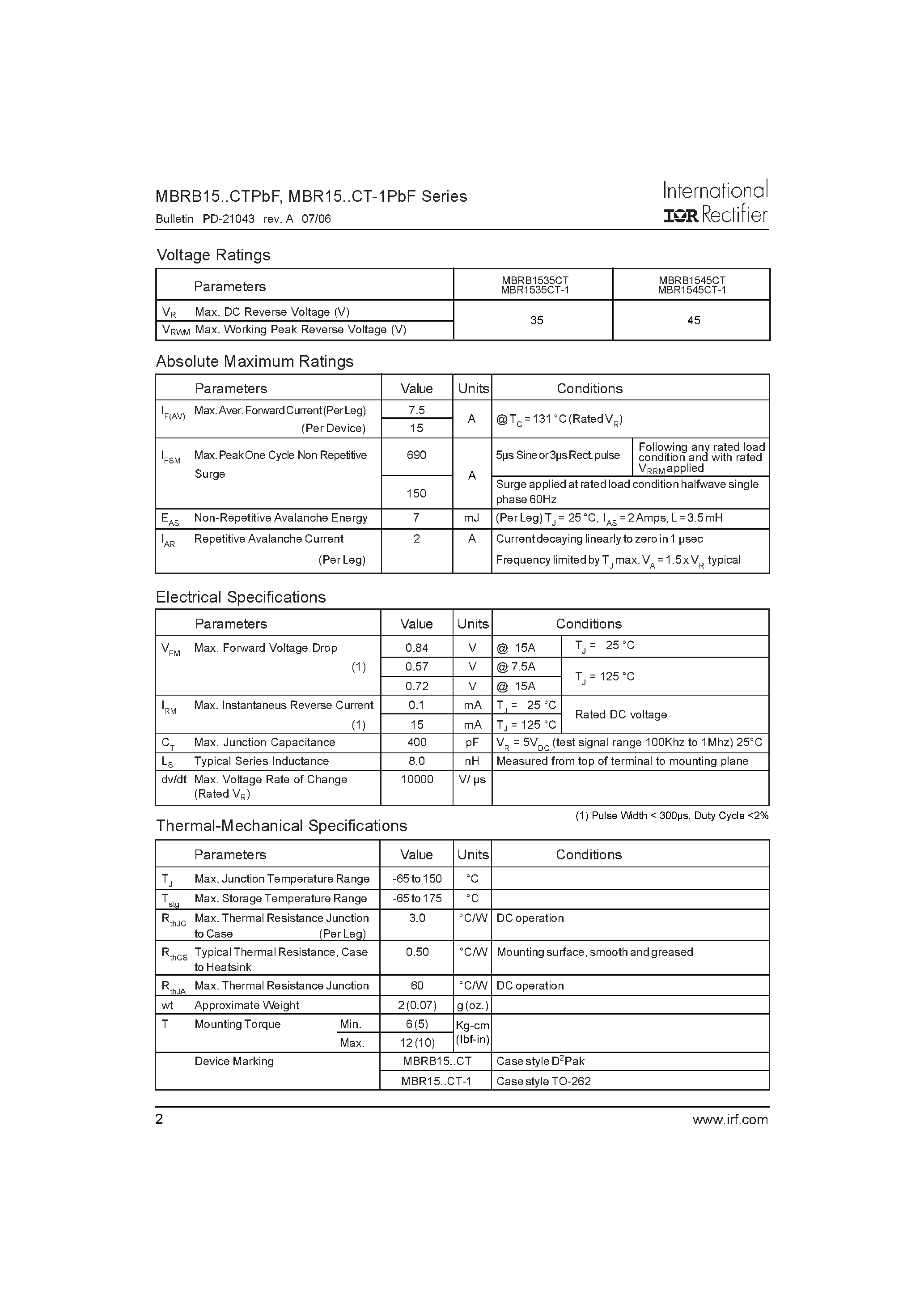 Datasheet MBR1535CT-1 - (MBR15xxCTPbF) SCHOTTKY RECTIFIER page 2