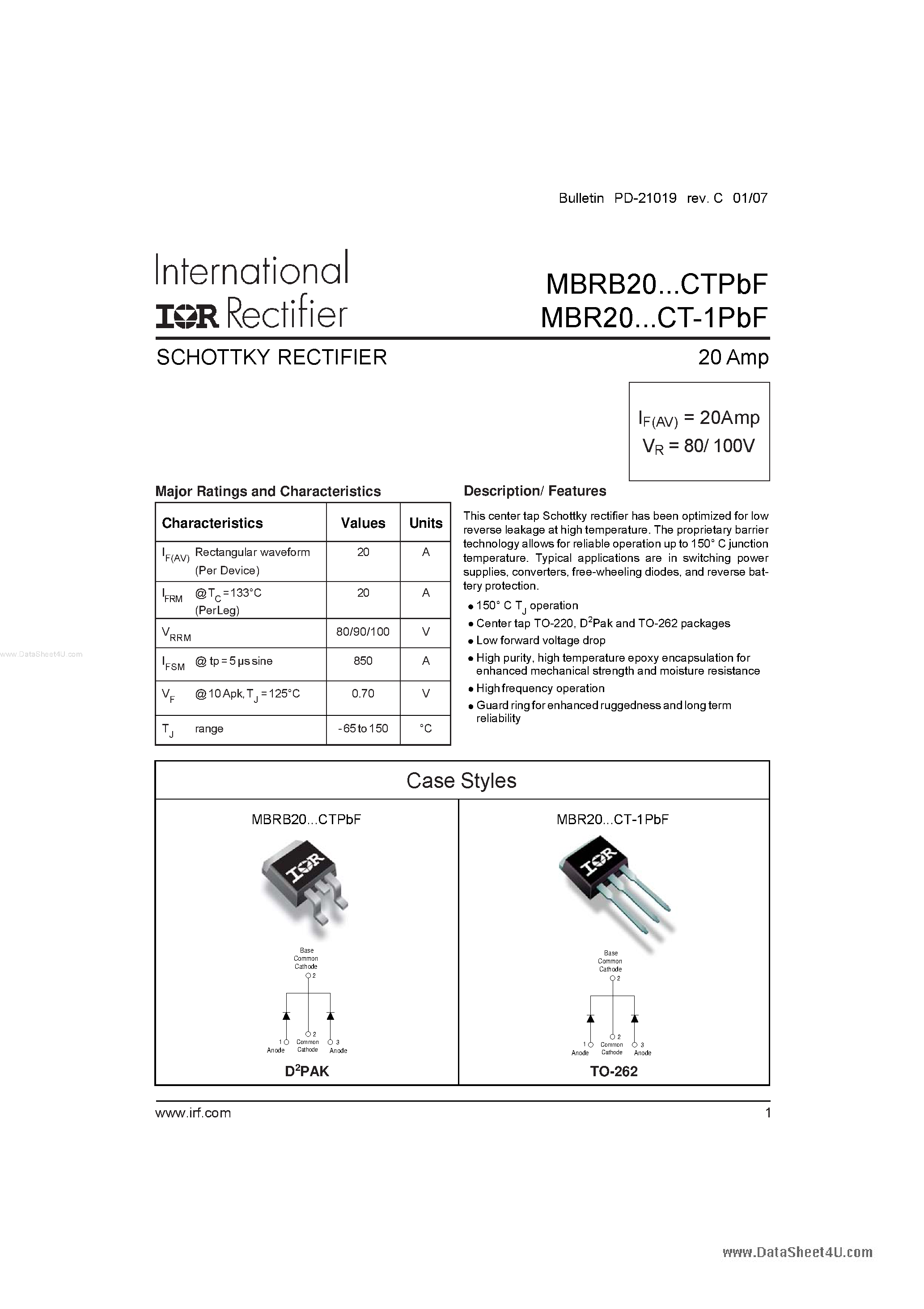 Datasheet MBR20100CT-1PbF page 1 Datasheet MBR20100CT-1PbF - (MBR20xxCTPbF) SCHOTTKY RECTIFIER page 1