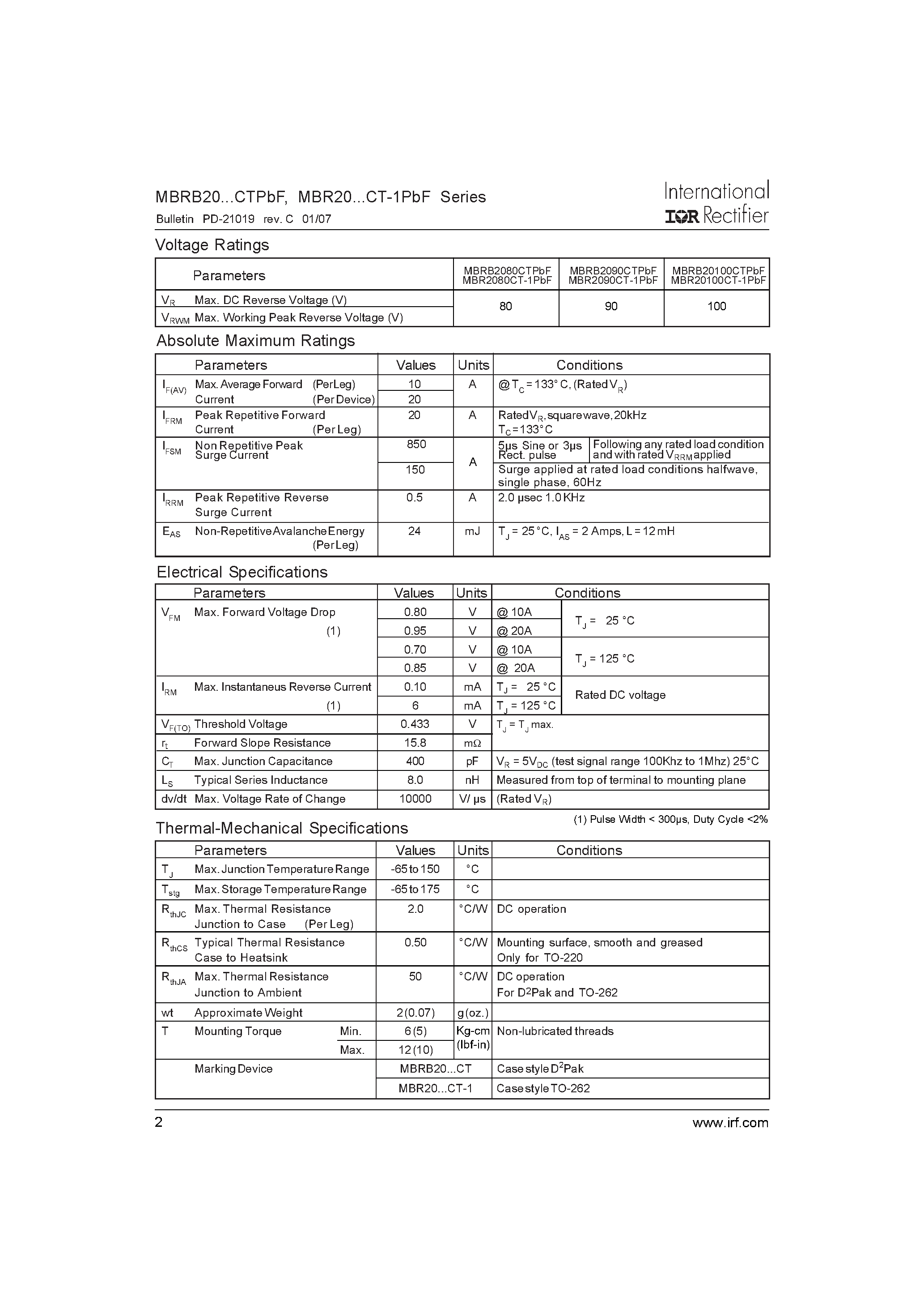 Datasheet MBR20100CT-1PbF page 2 Datasheet MBR20100CT-1PbF - (MBR20xxCTPbF) SCHOTTKY RECTIFIER page 2