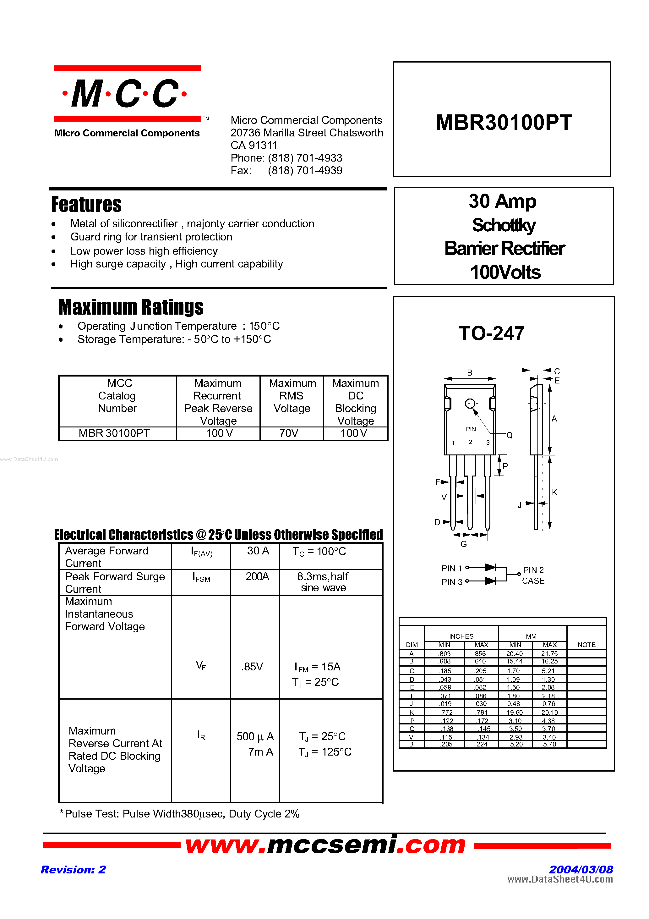 Даташит MBR30100PT - 30 Amp Schottky Barrier Rectifier страница 1