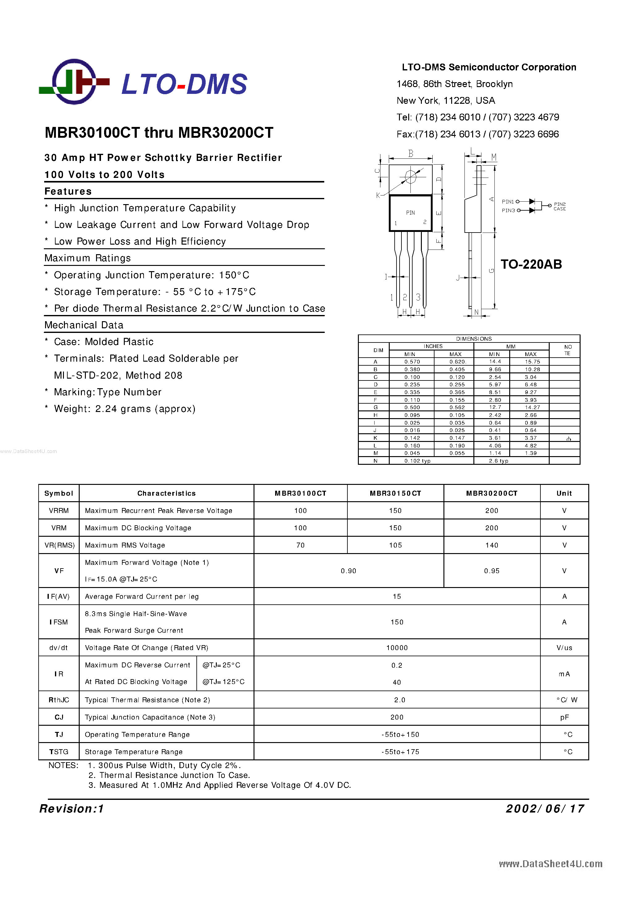 Даташит MBR30100CT - (MBR30100CT - MBR30200CT) 30 Amp HT Power Schottky Barrier Rectifier страница 1