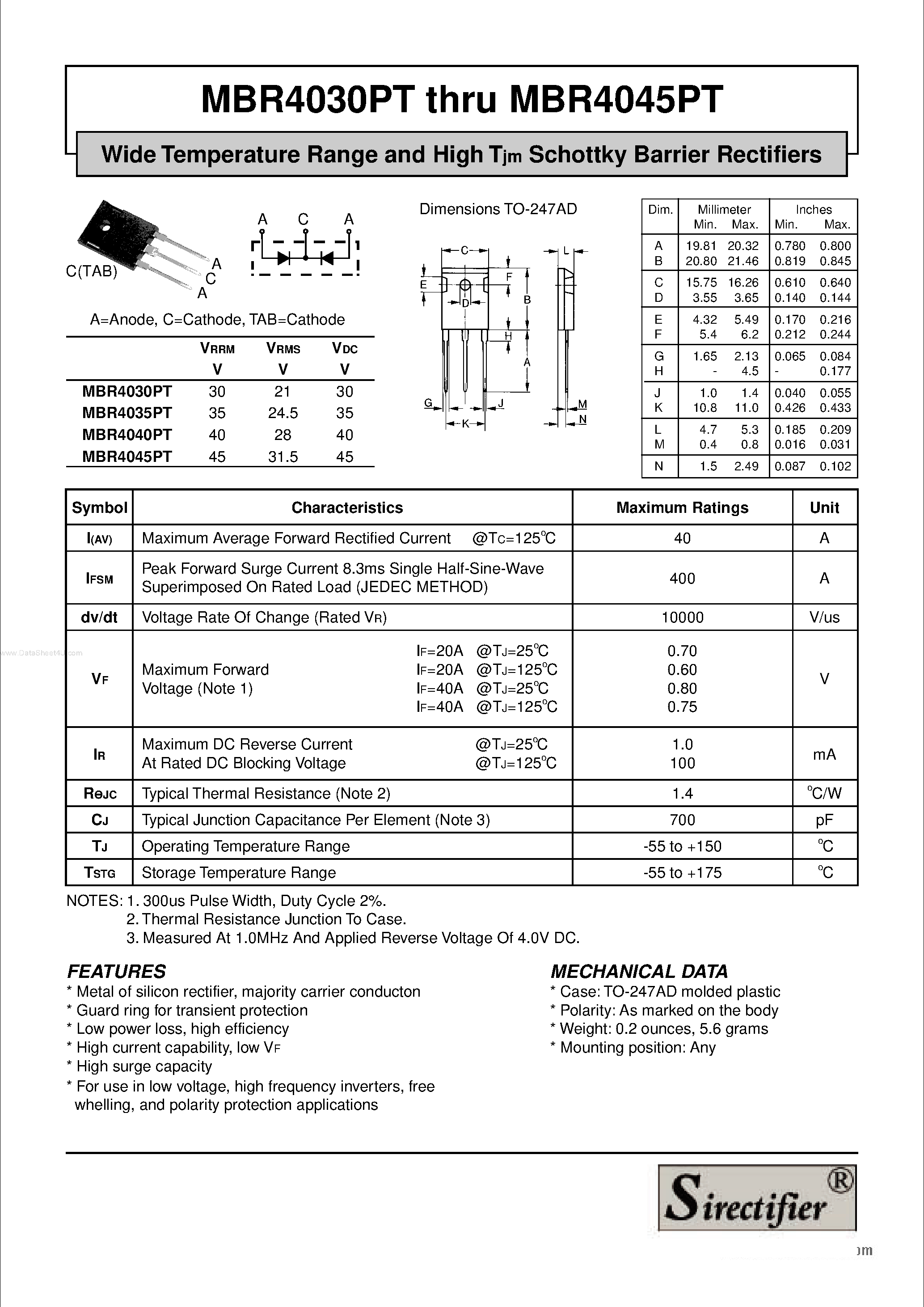 Datasheet MBR4030PT page 1 Datasheet MBR4030PT - (MBR4030PT - MBR4045PT) Wide Temperature Range and High Tjm Schottky Barrier Rectifiers page 1
