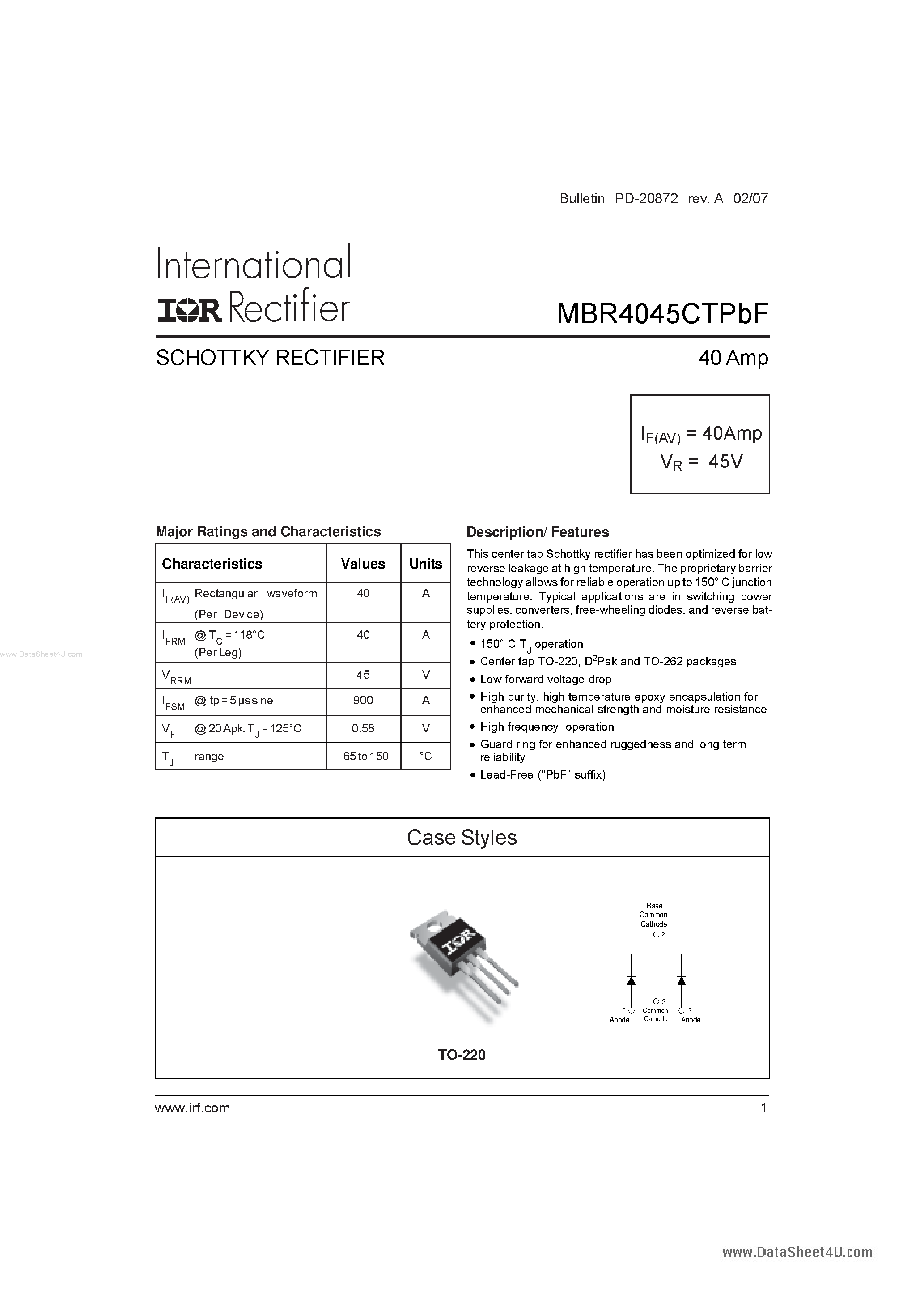 Datasheet MBR4045CTPBF page 1 Datasheet MBR4045CTPBF - SCHOTTKY RECTIFIER page 1
