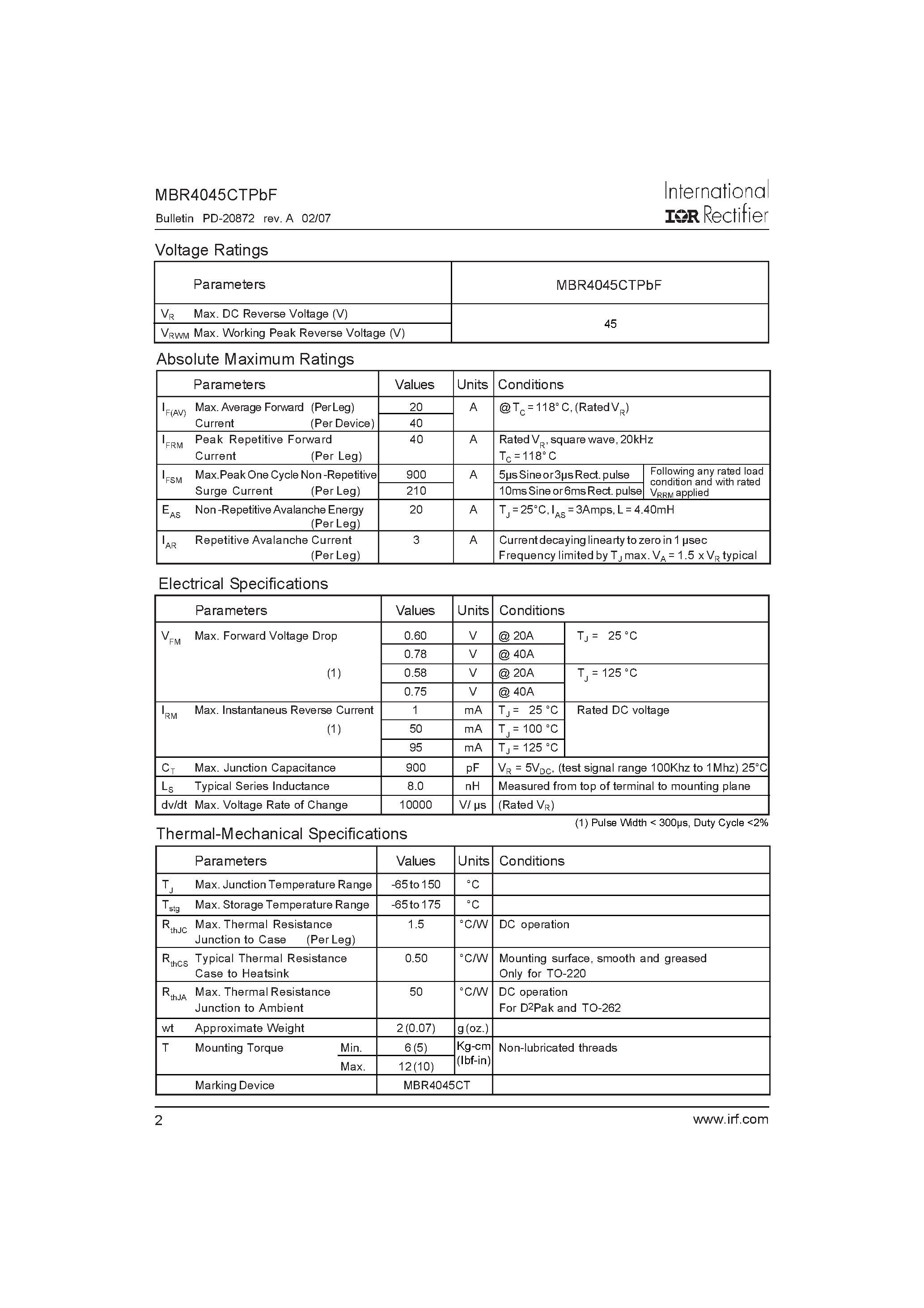 Datasheet MBR4045CTPBF page 2 Datasheet MBR4045CTPBF - SCHOTTKY RECTIFIER page 2
