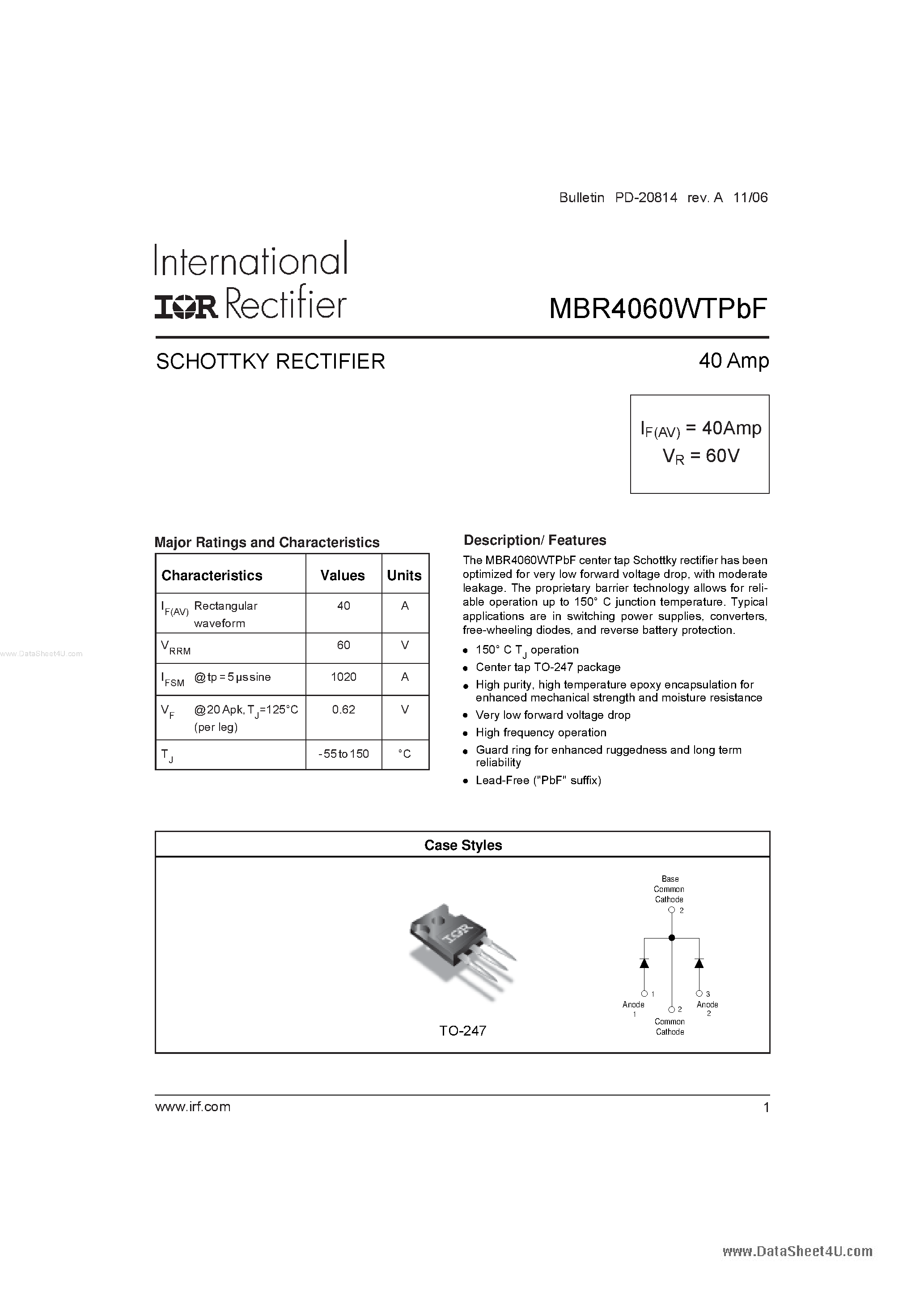 Datasheet MBR4060WTPBF - SCHOTTKY RECTIFIER page 1