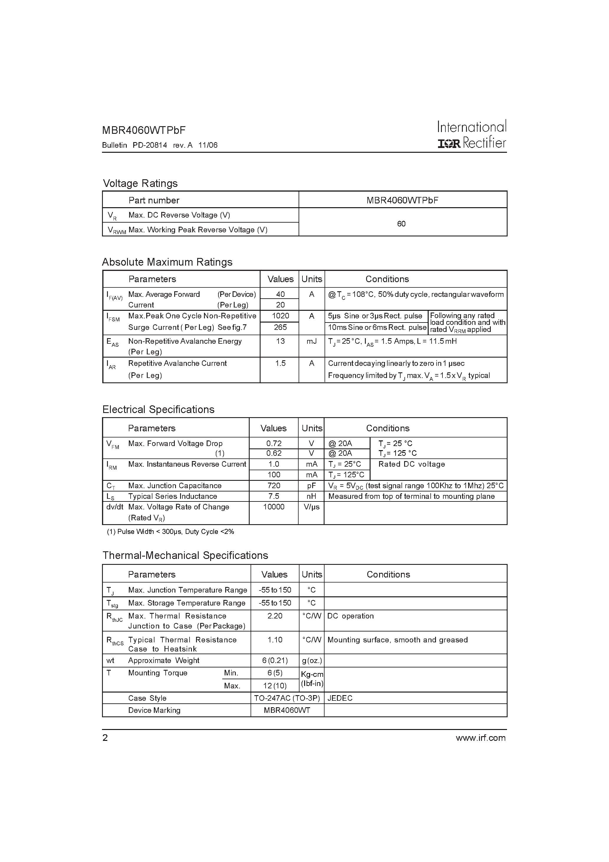 Datasheet MBR4060WTPBF - SCHOTTKY RECTIFIER page 2