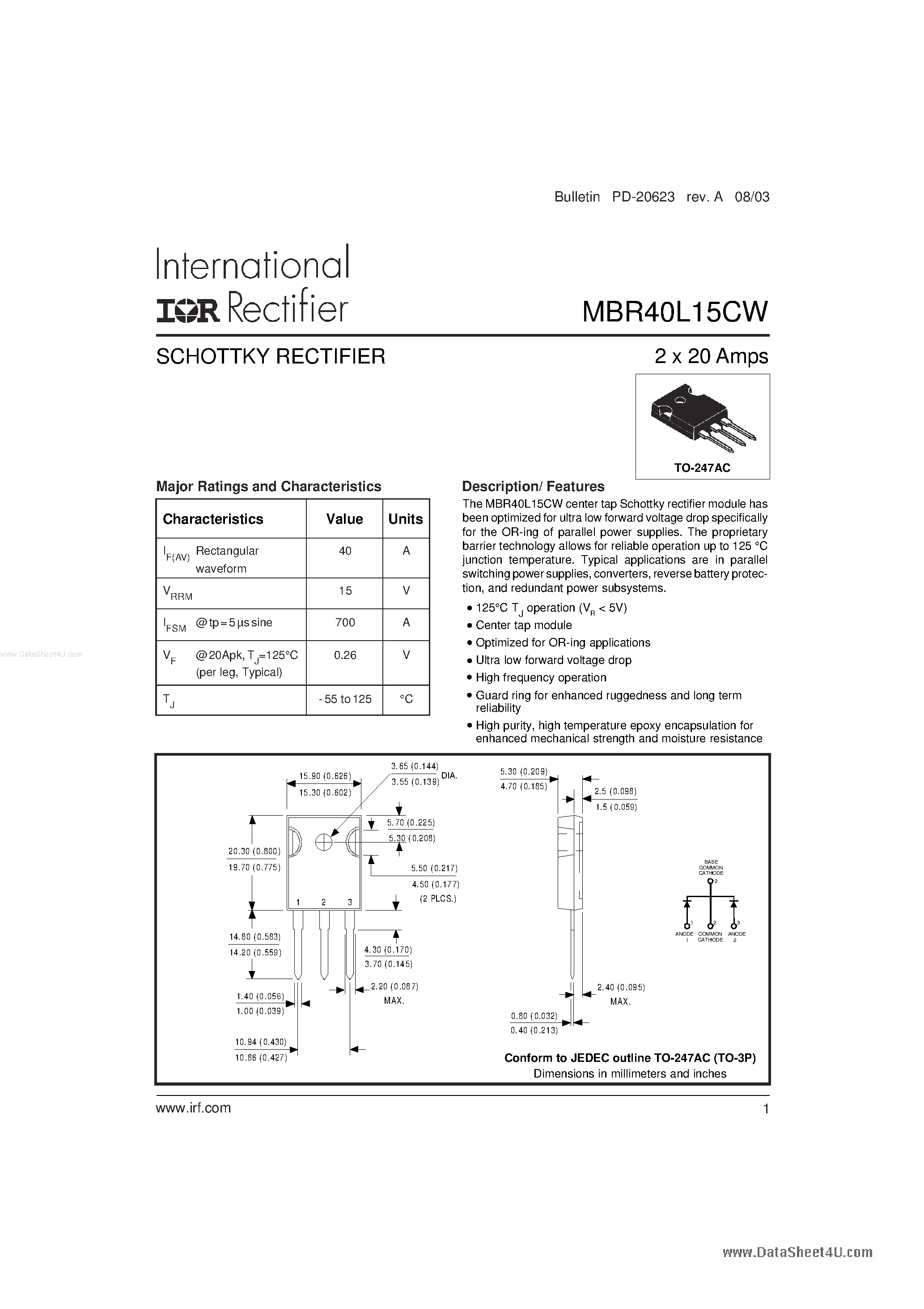 Datasheet MBR40L15CW - SCHOTTKY RECTIFIER page 1