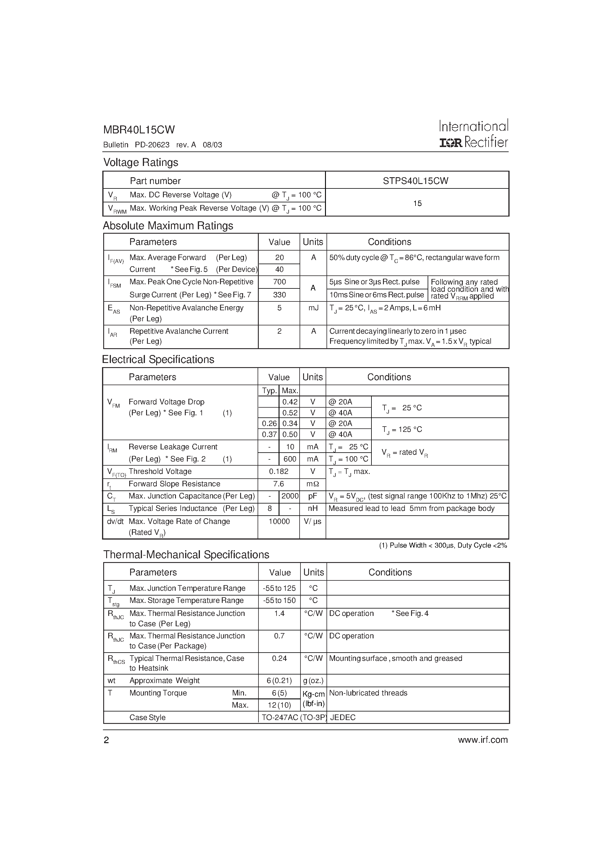 Datasheet MBR40L15CW - SCHOTTKY RECTIFIER page 2