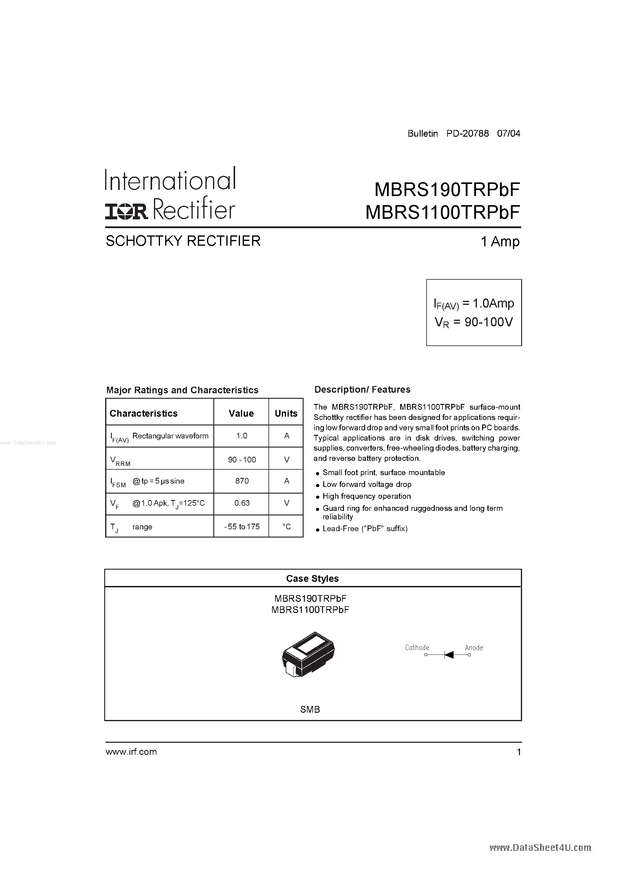 Datasheet MBRS1100TRPbF - (MBRS1100TRPbF / MBRS190TRPbF) SCHOTTKY RECTIFIER page 1