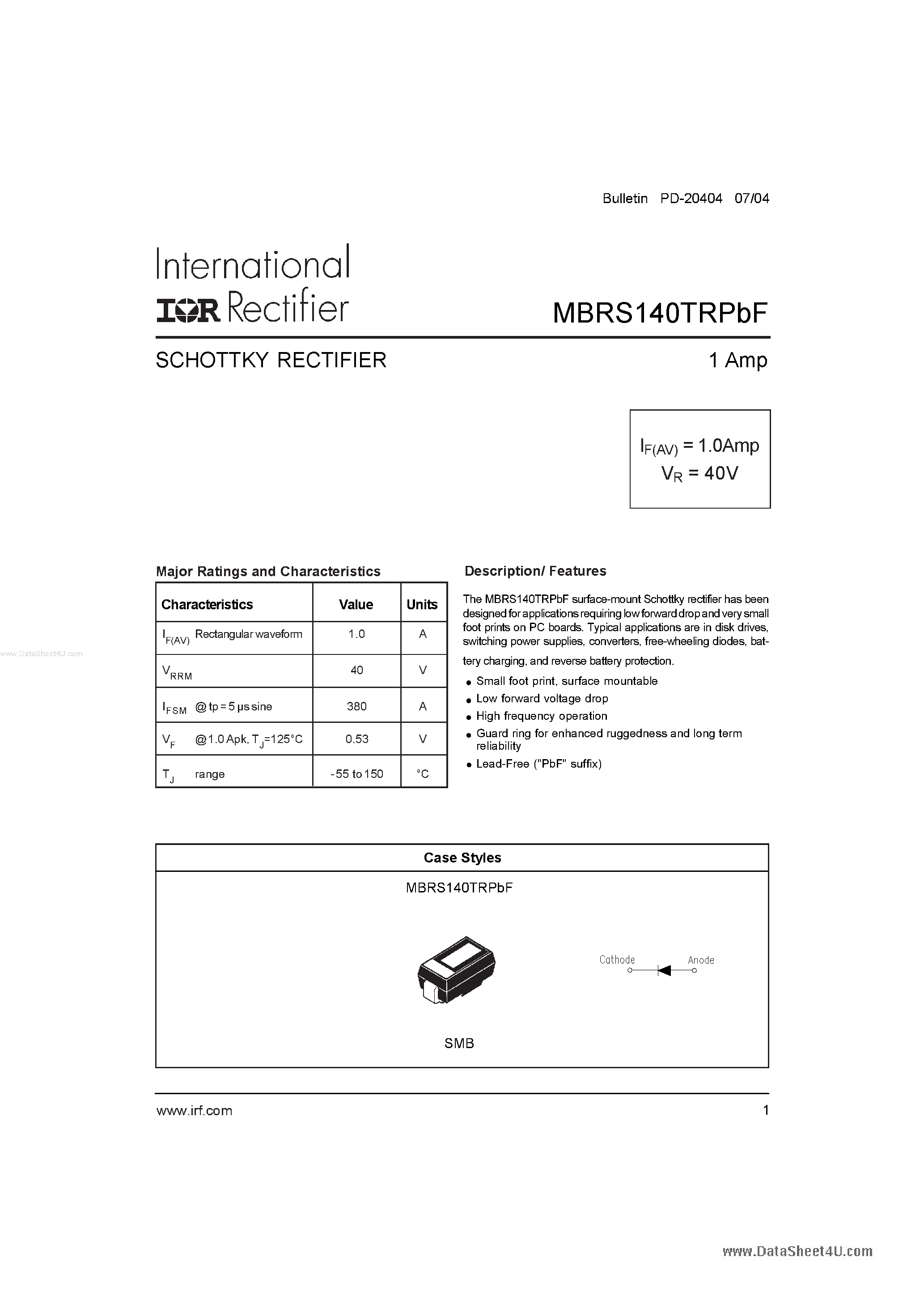 Datasheet MBRS140TRPBF - SCHOTTKY RECTIFIER page 1