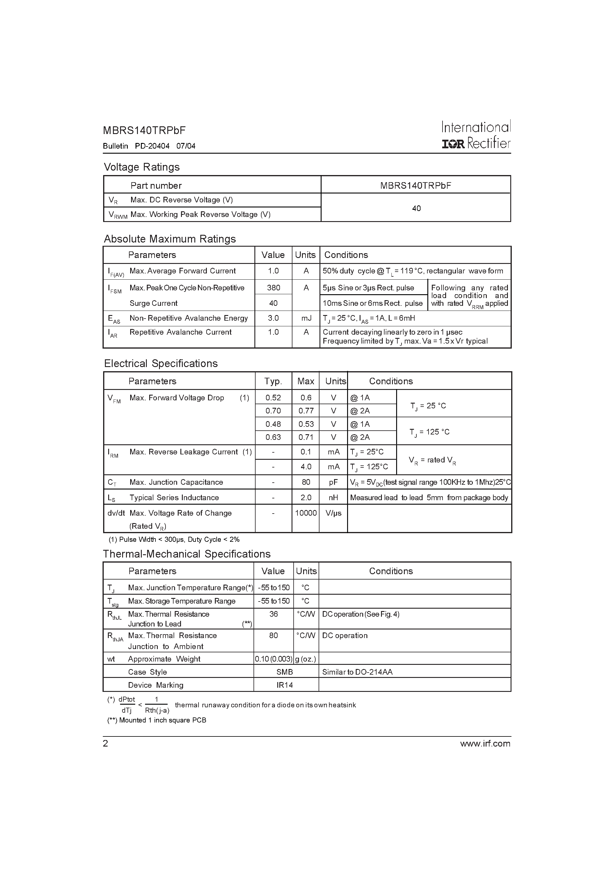 Datasheet MBRS140TRPBF - SCHOTTKY RECTIFIER page 2