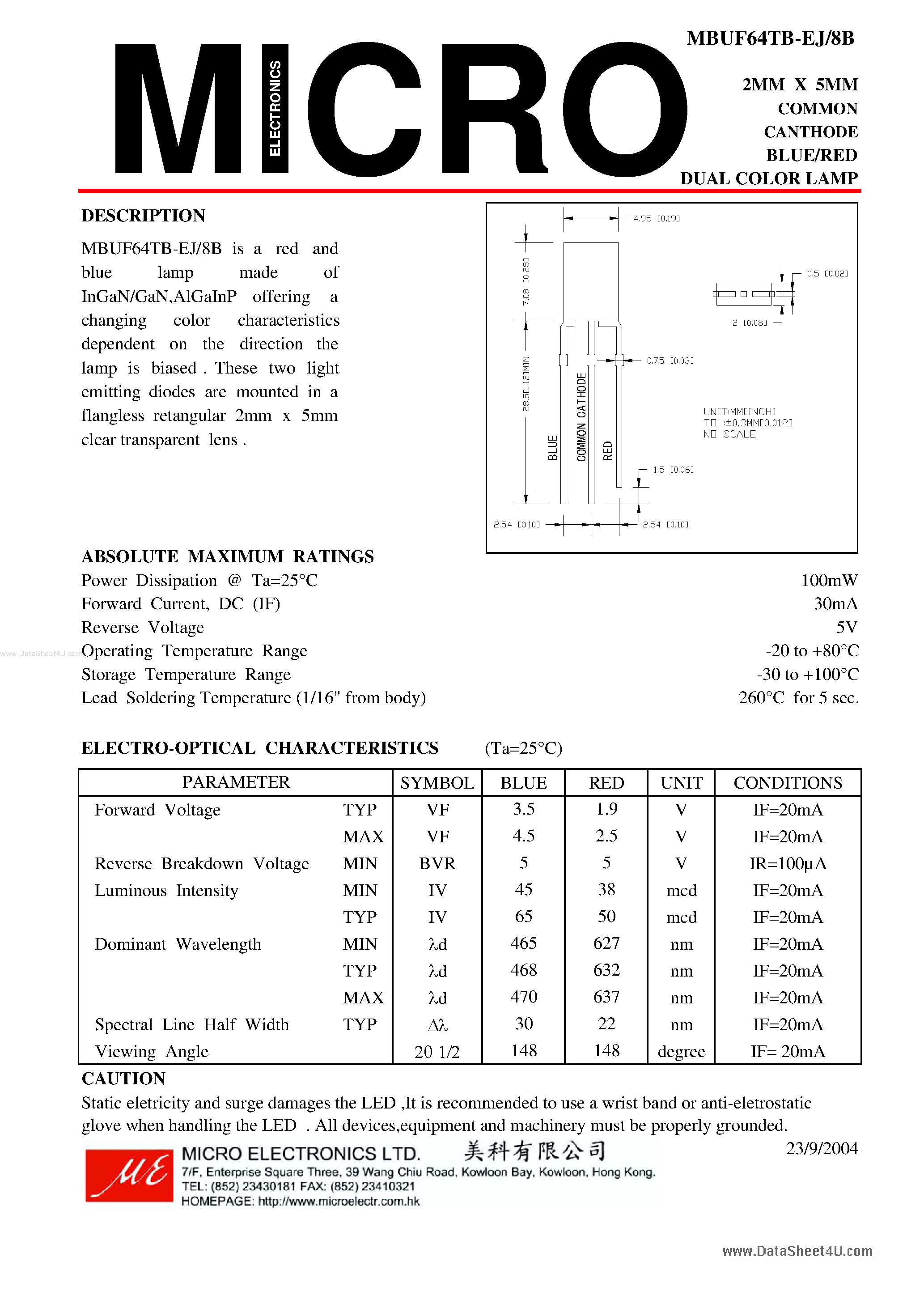 Datasheet MBUF64TB-8B page 1 Datasheet MBUF64TB-8B - 2MM X 5MM COMMON CANTHODE BLUE/RED DUAL COLOR LAMP page 1