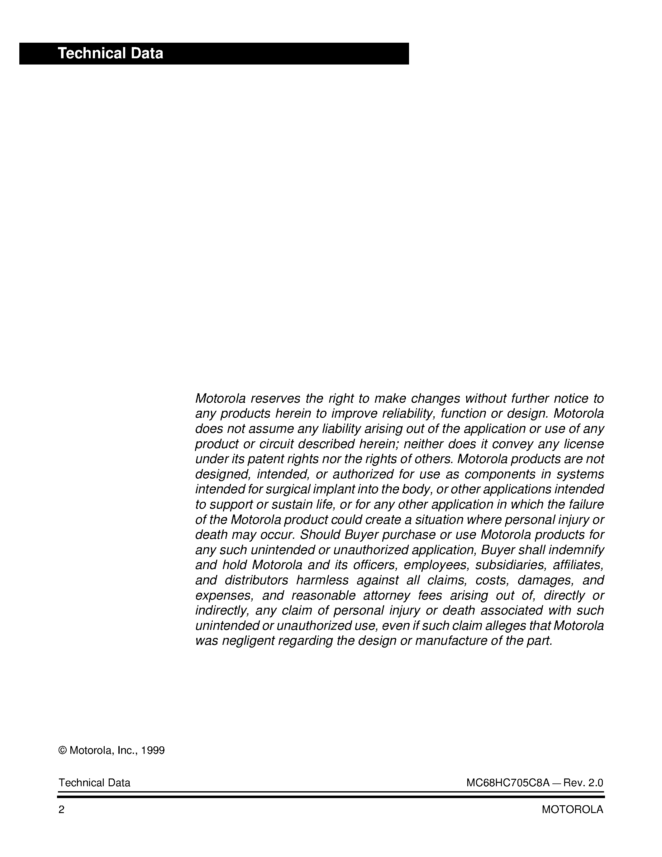Datasheet MC68HC705C8A page 2 Datasheet MC68HC705C8A - HCMOS Microcontroller Unit page 2