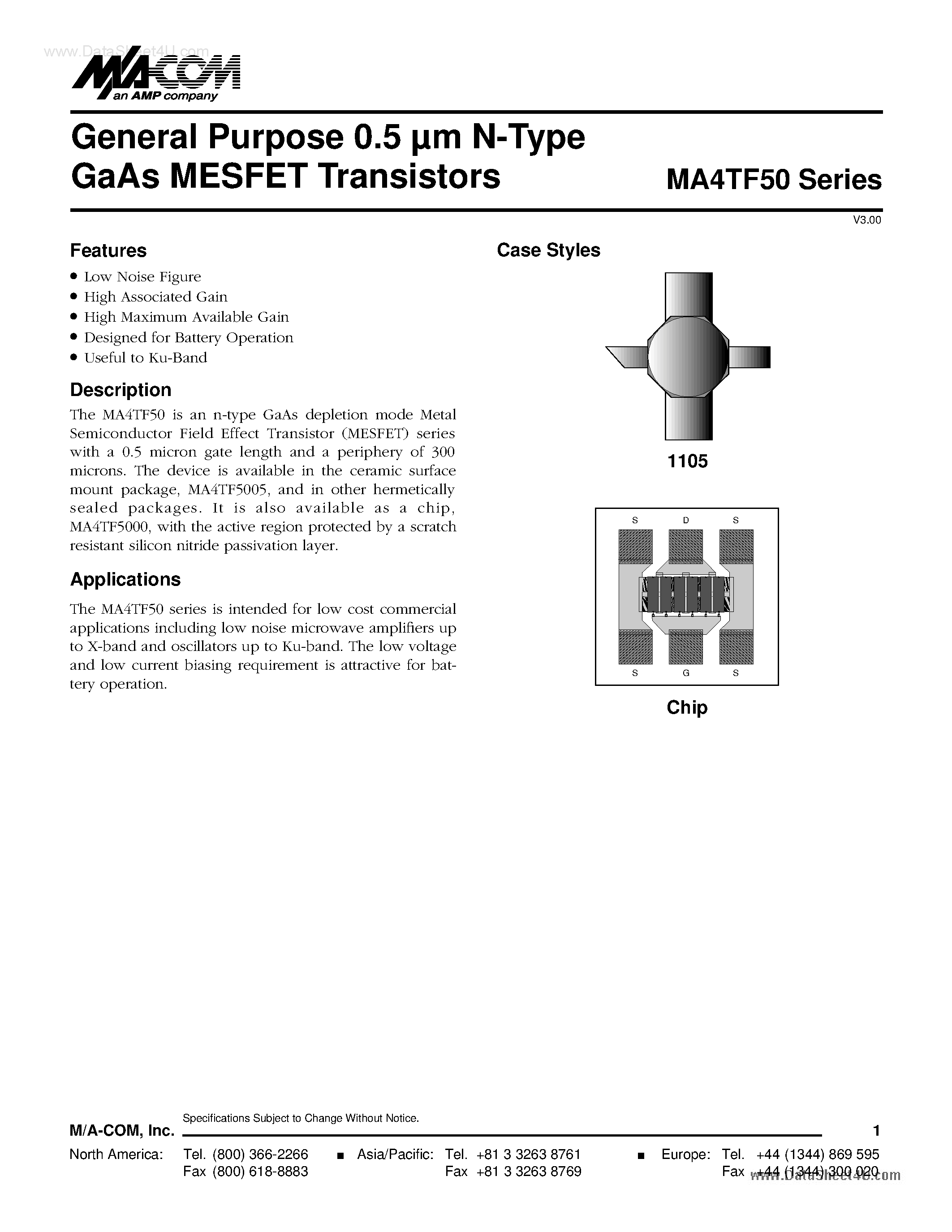 Datasheet MA4TF5000 - (MA4TF50 Series) General Purpose 0.5um N-Type GaAs MESFET Transistors page 1