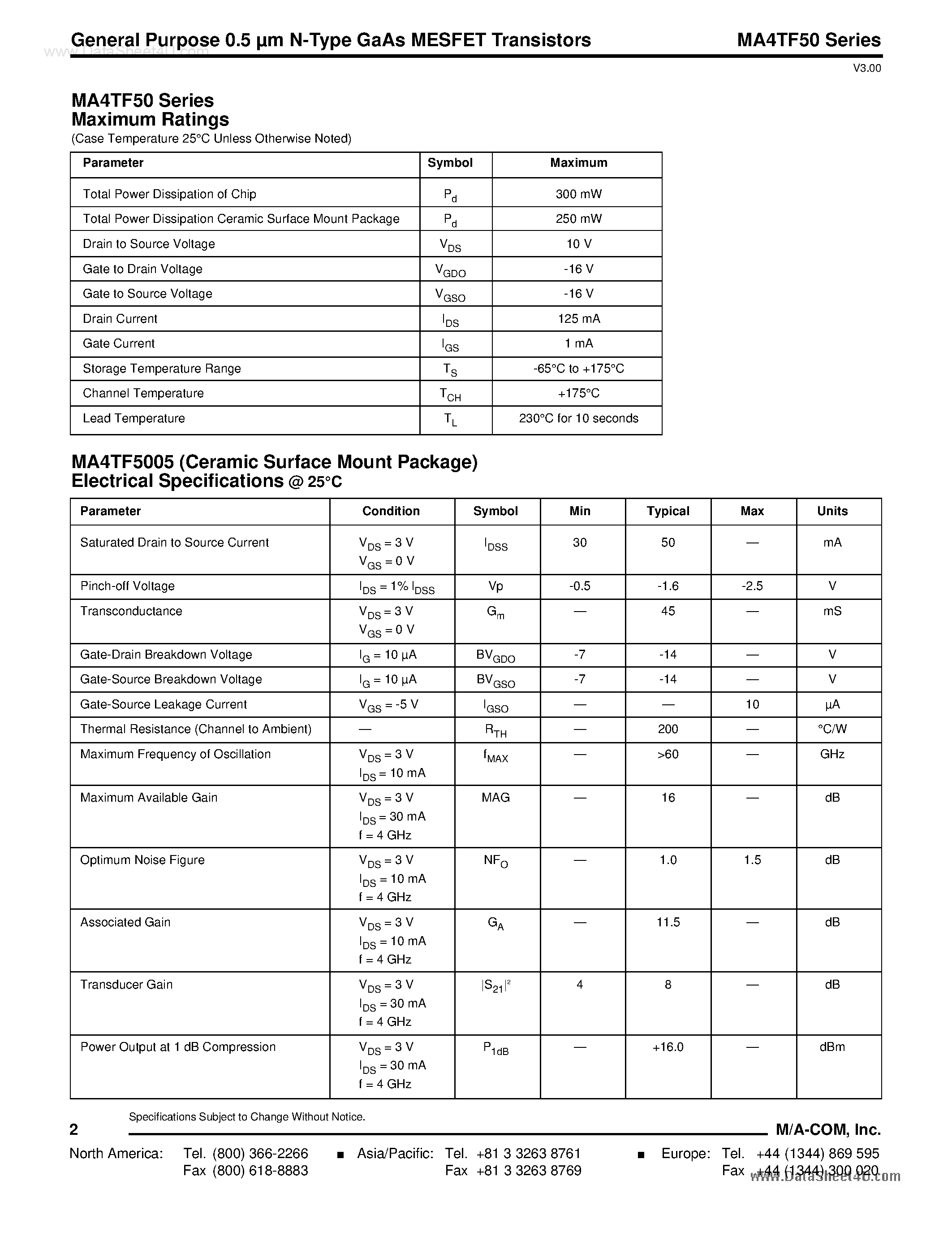 Datasheet MA4TF5000 - (MA4TF50 Series) General Purpose 0.5um N-Type GaAs MESFET Transistors page 2