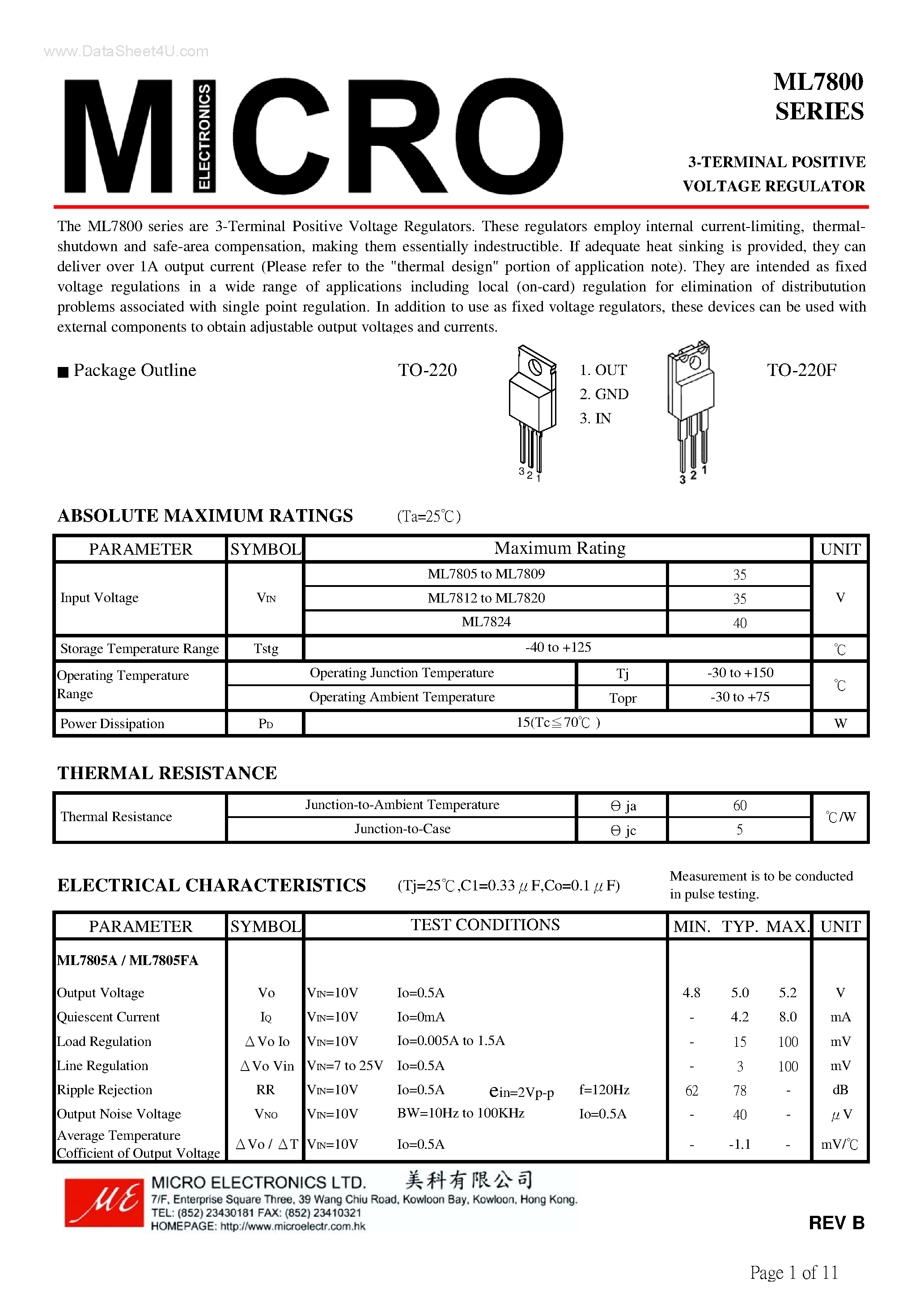 Datasheet ML7800 - 3-TERMINAL POSITIVE VOLTAGE REGULATOR page 1