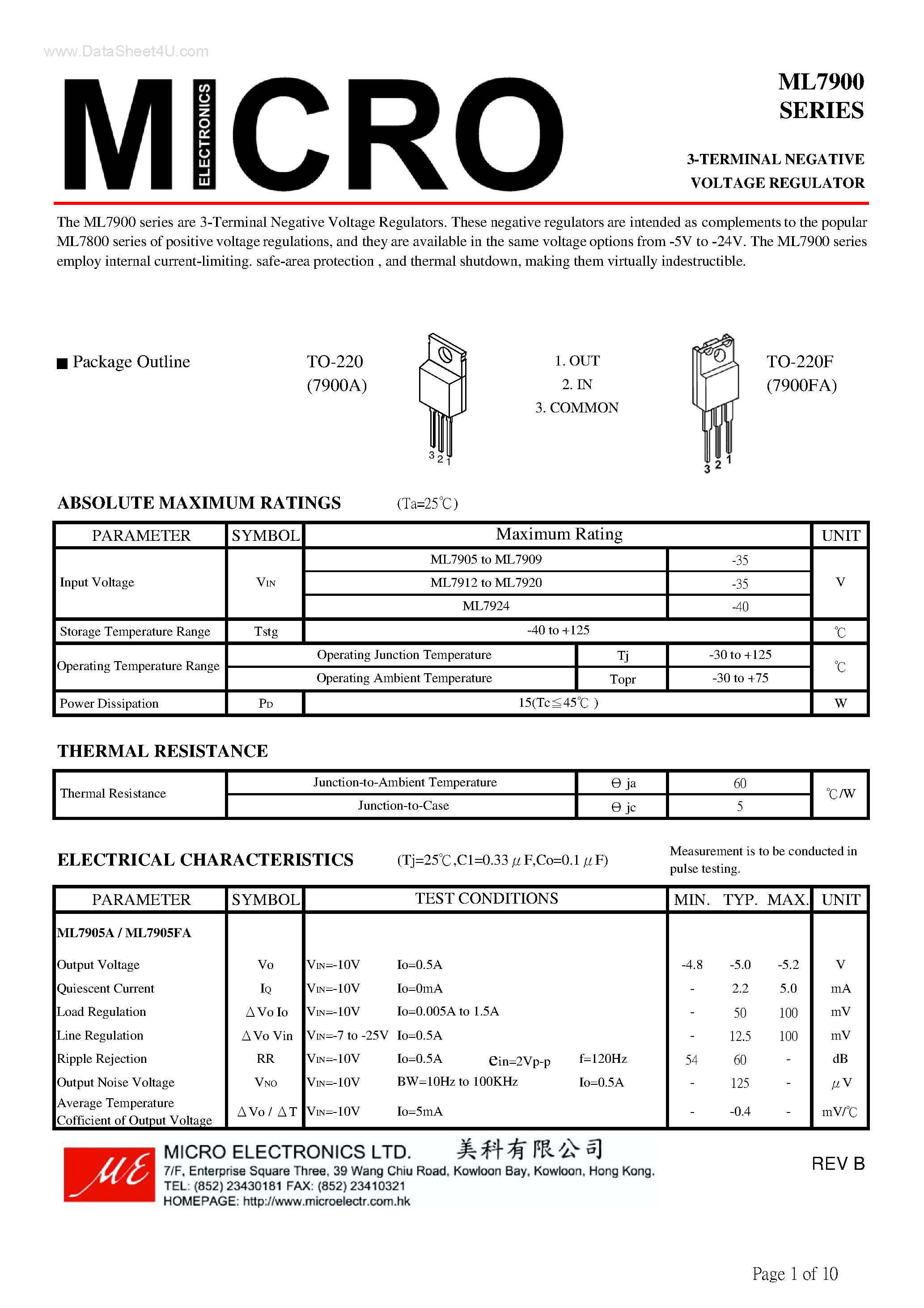 Datasheet ML7900 - 3-TERMINAL NEGATIVE VOLTAGE REGULATOR page 1