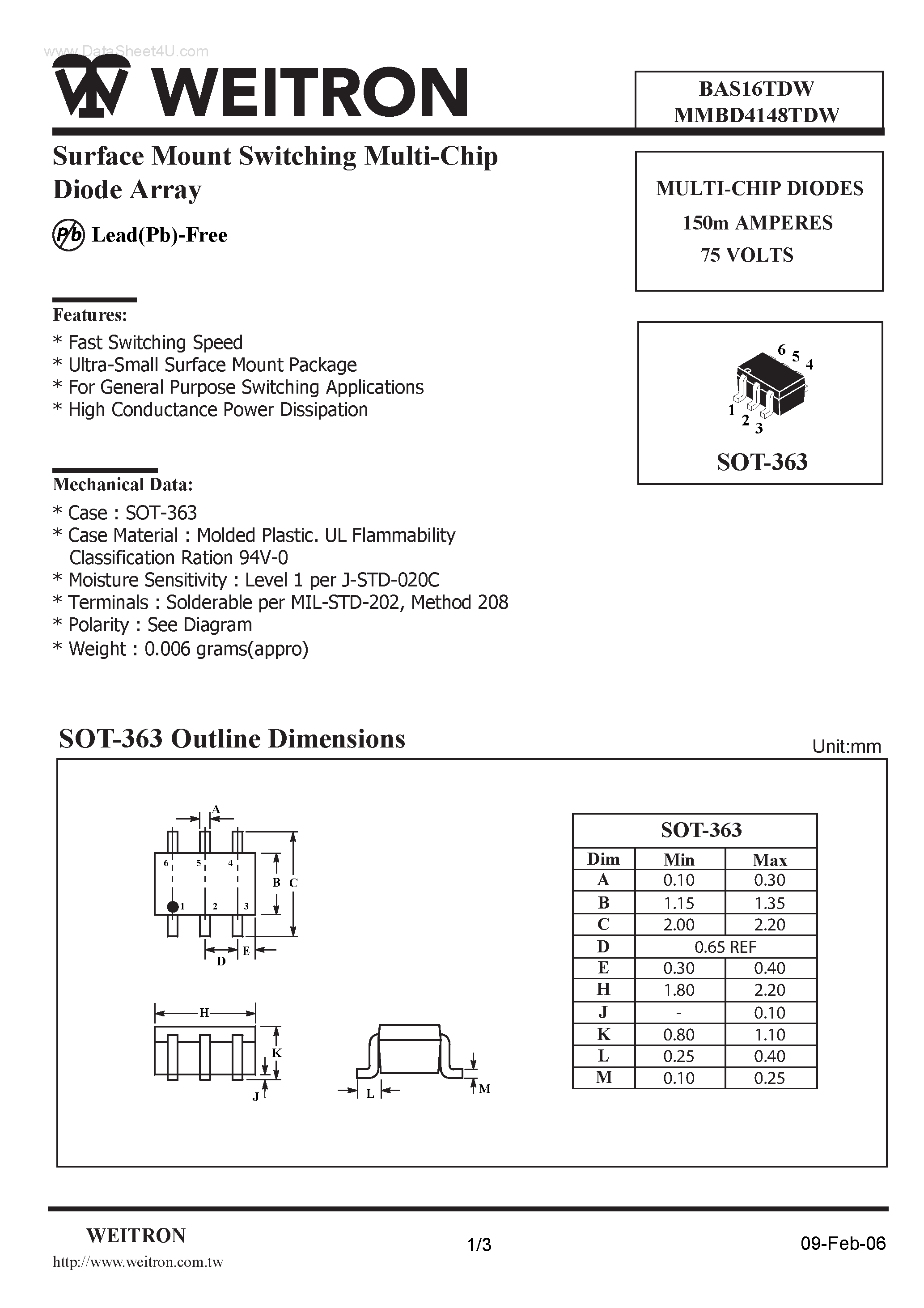 Datasheet BAS16TDW page 1 Datasheet BAS16TDW - Surface Mount Switching Multi-Chip Diode Array page 1