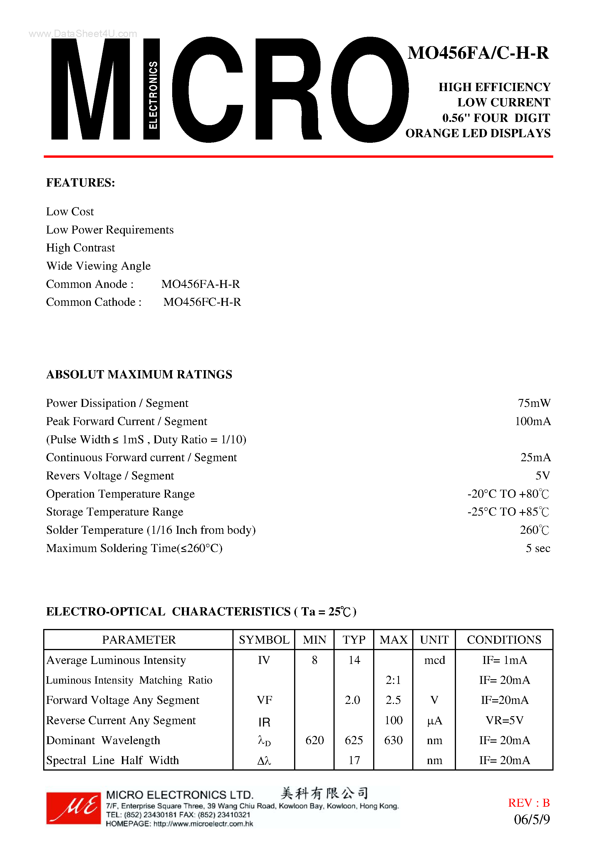 Datasheet MO456FA-H-R - FOUR DIGIT ORANGE LED DISPLAYS page 1