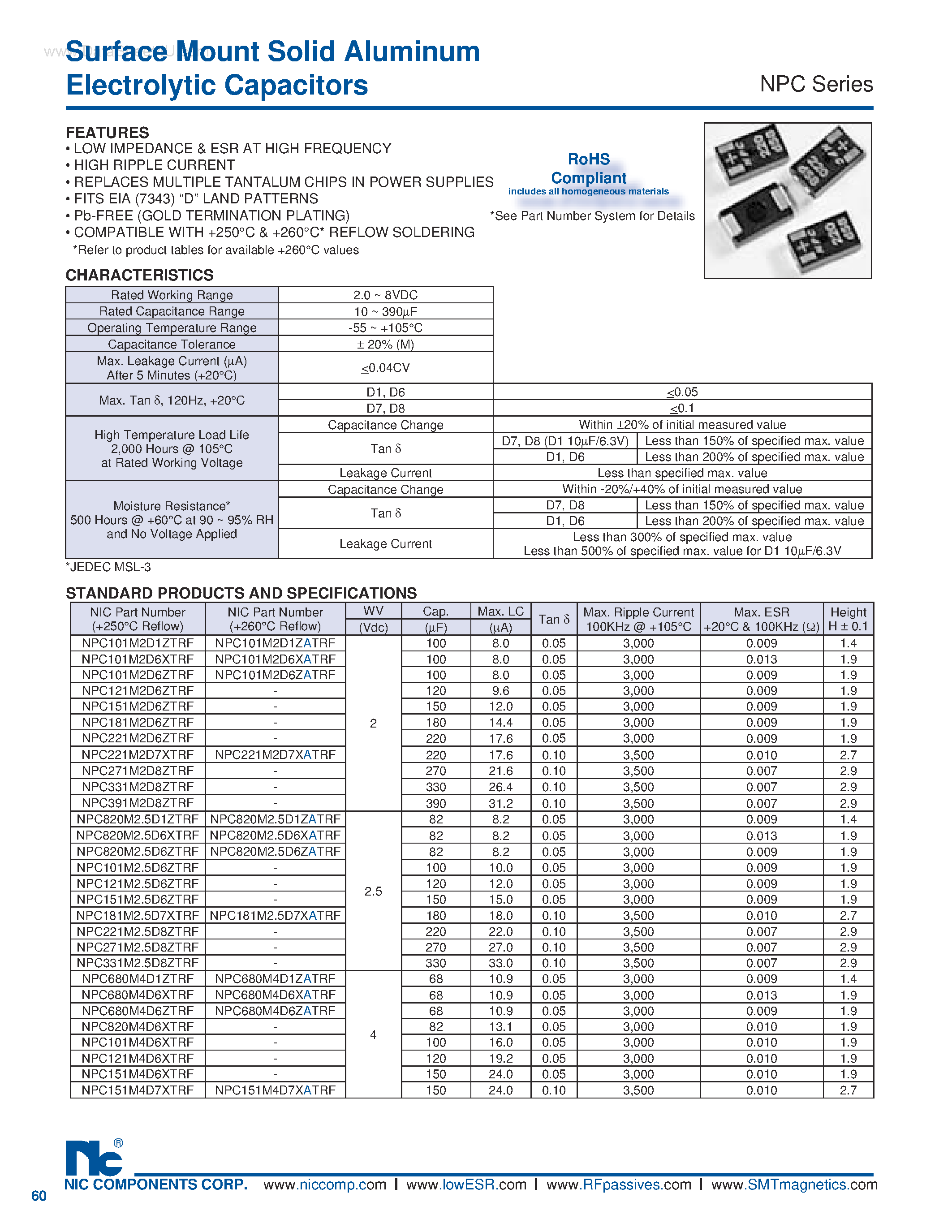 Datasheet NPC - Surface Mount Solid Aluminum Electrolytic Capacitors page 1