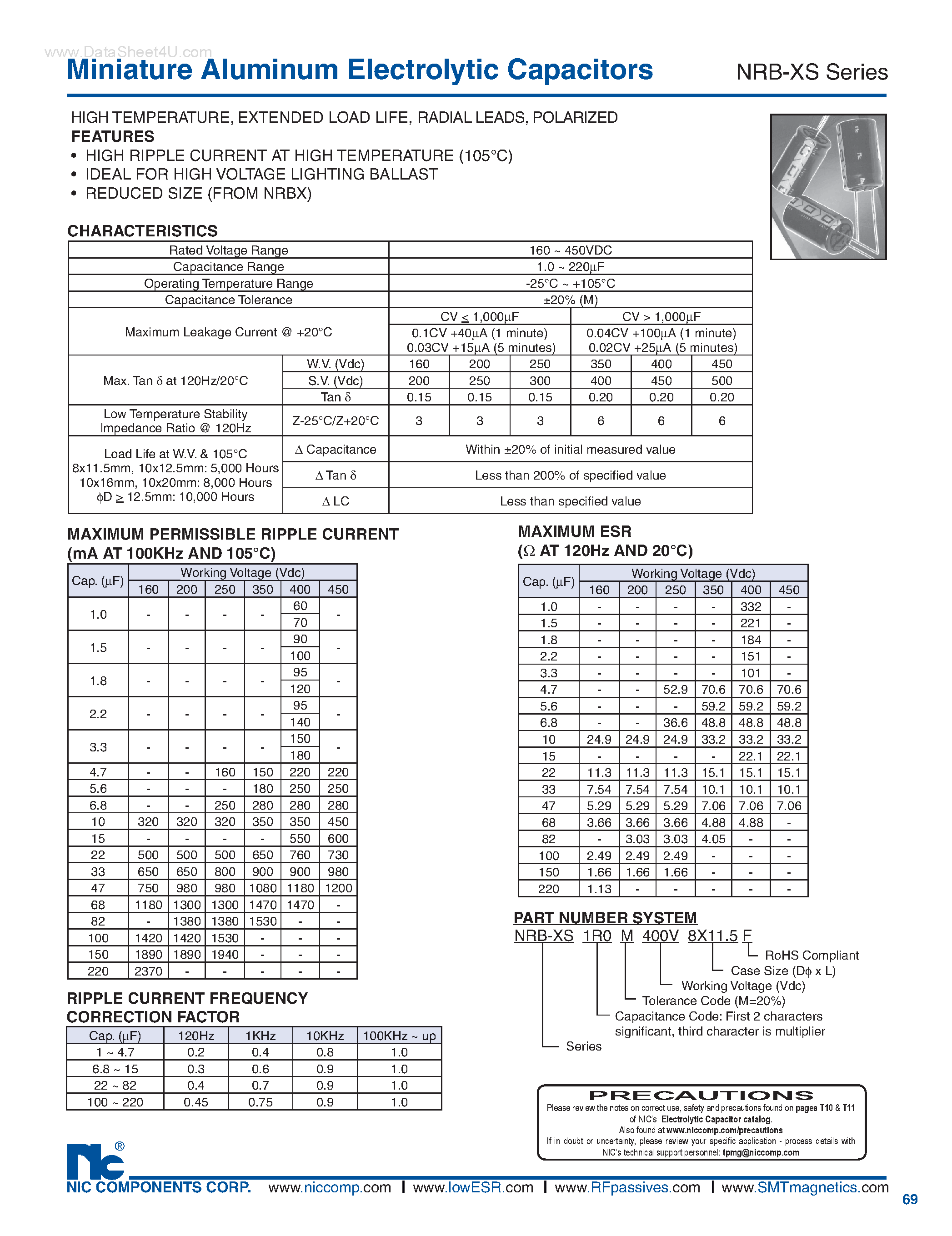 Datasheet NRB-XS - Miniature Aluminum Electrolytic Capacitors page 1