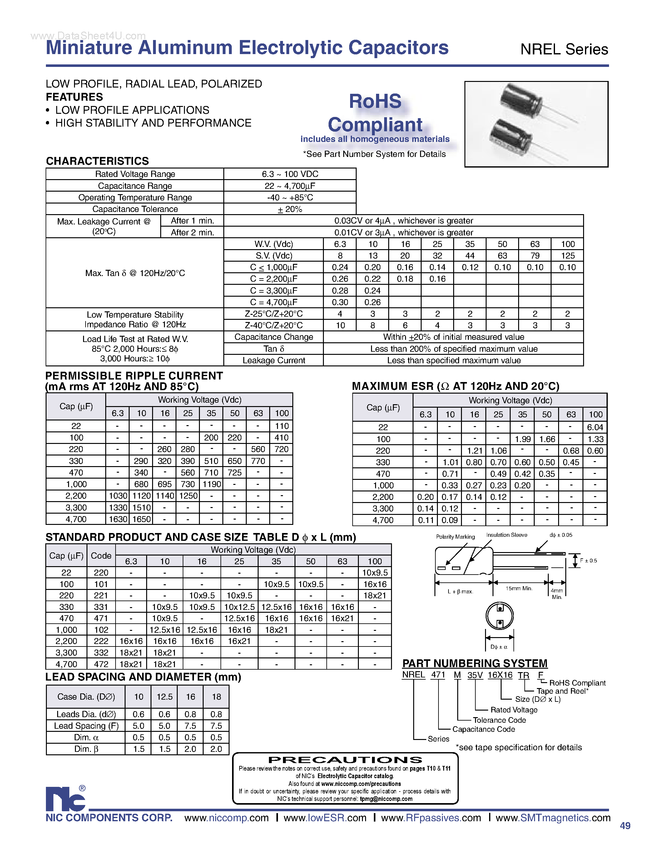 Datasheet NREL - Miniature Aluminum Electrolytic Capacitors page 1