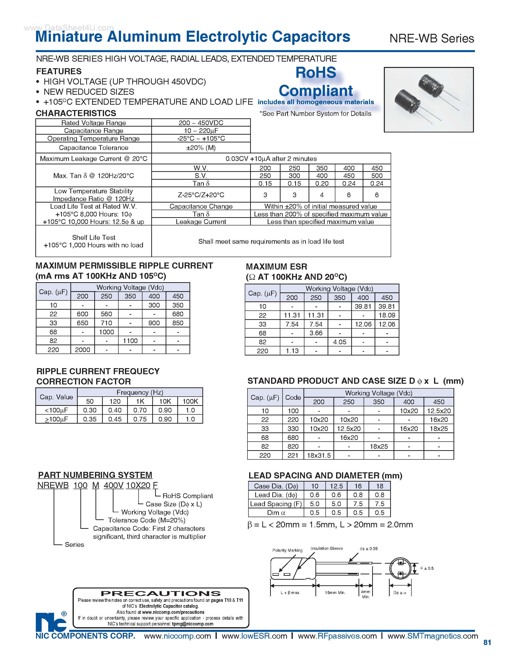 Datasheet NRE-WD - Miniature Aluminum Electrolytic Capacitors page 1