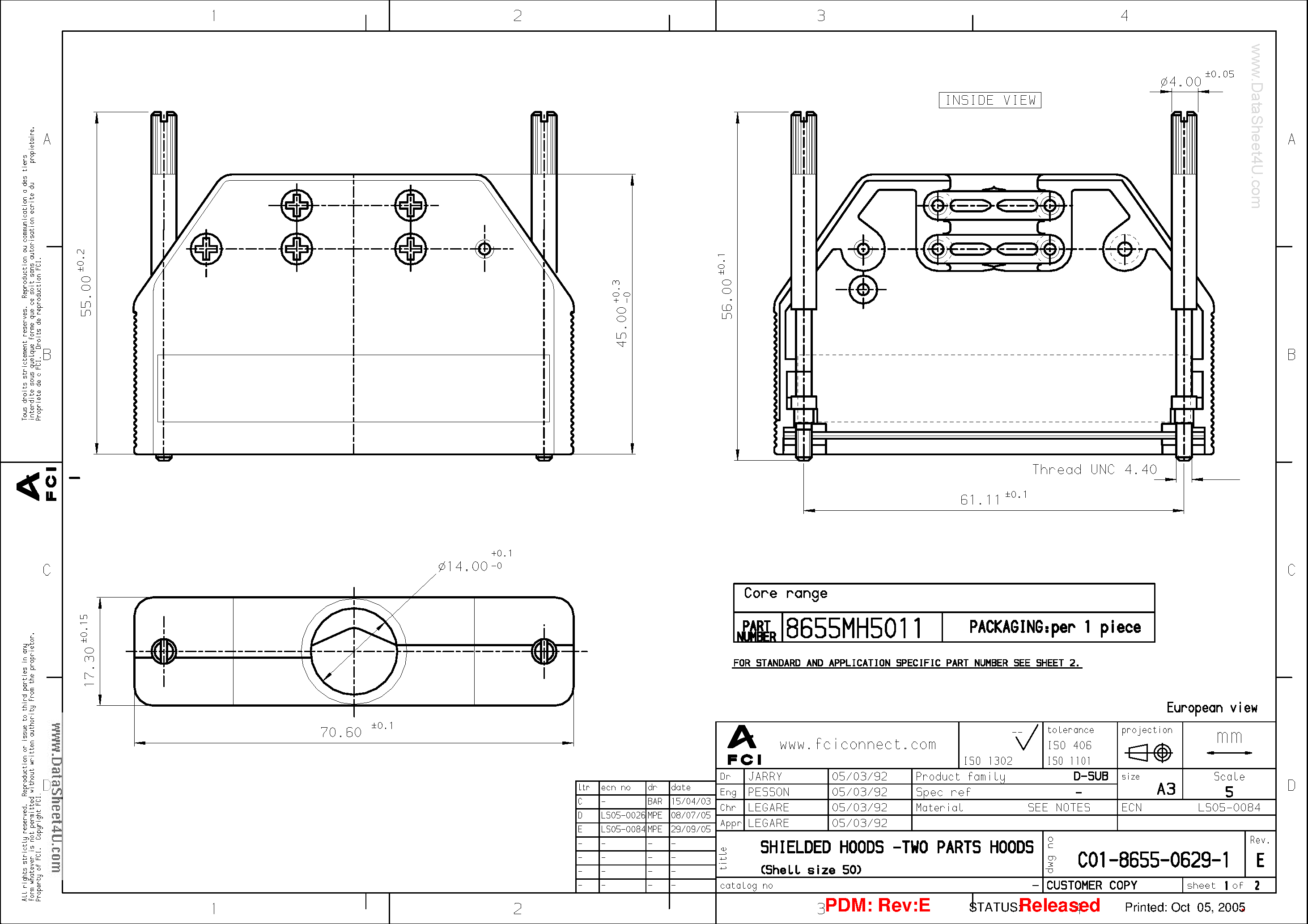 Datasheet 8655MH5001 page 1 Datasheet 8655MH5001 - SHIELDED HOOD5 - TWO PARTS HOODS page 1