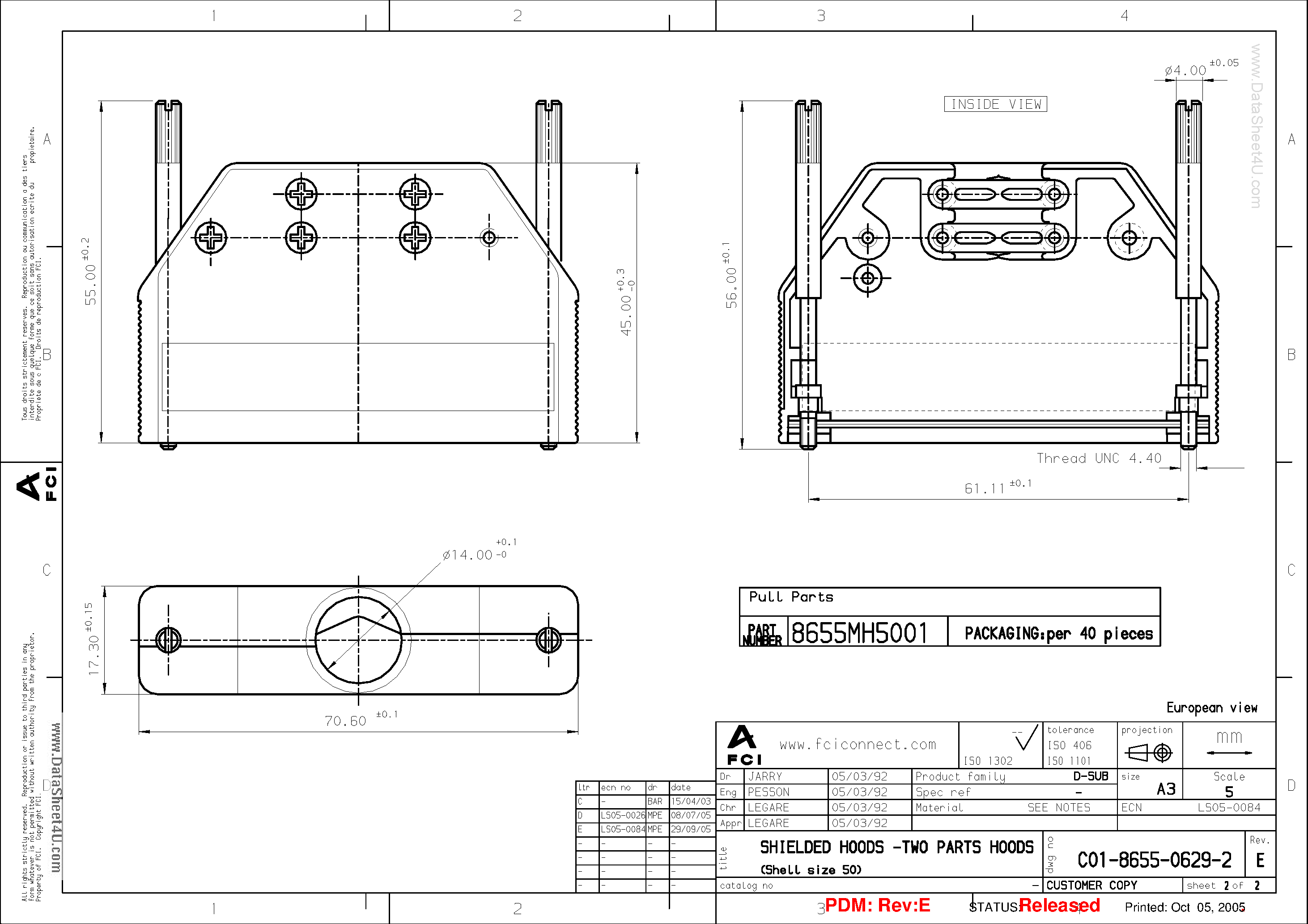 Datasheet 8655MH5001 page 2 Datasheet 8655MH5001 - SHIELDED HOOD5 - TWO PARTS HOODS page 2