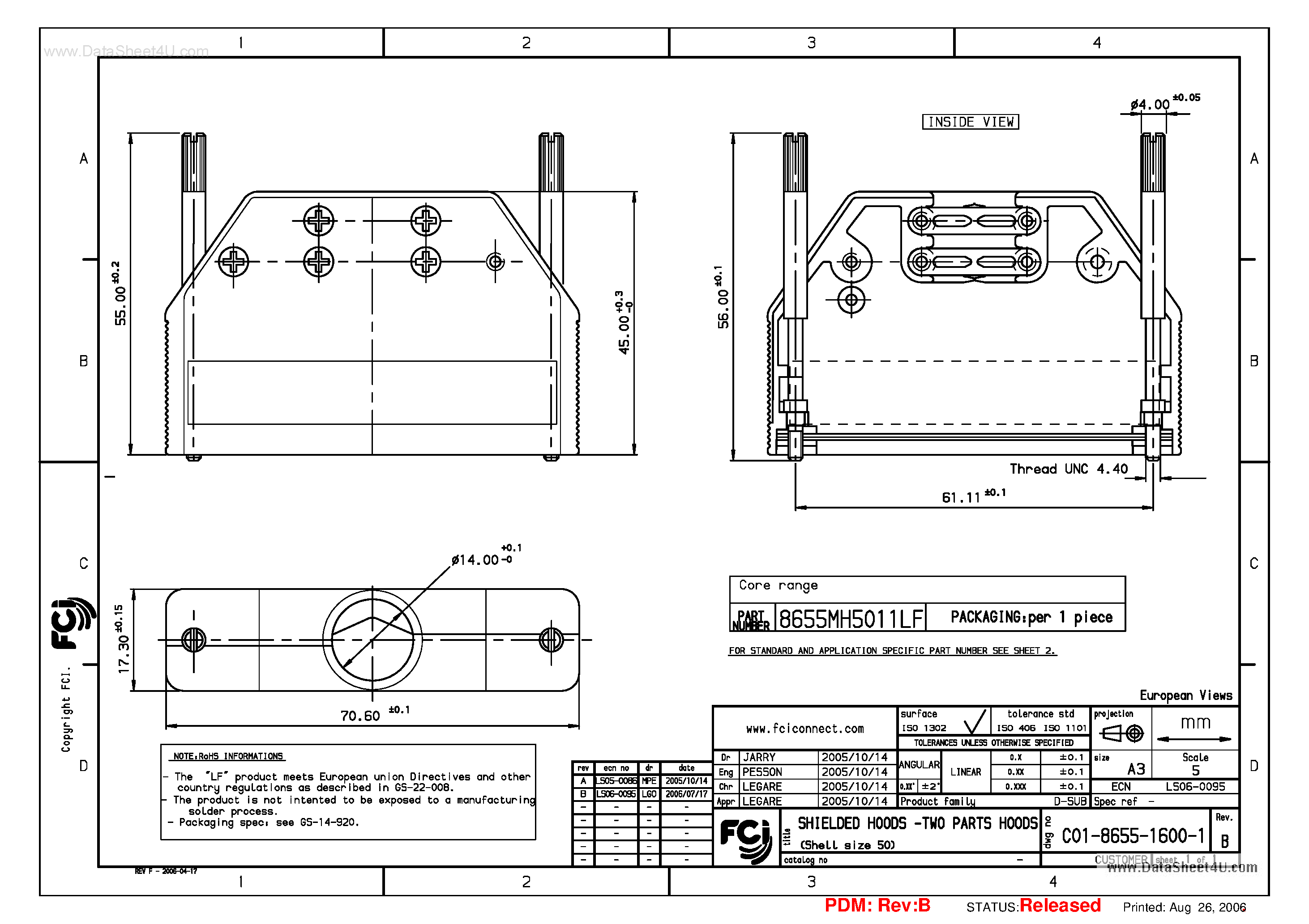 Datasheet 8655MH5011LF page 1 Datasheet 8655MH5011LF - SHIELDED HOOD5 - TWO PARTS HOODS page 1