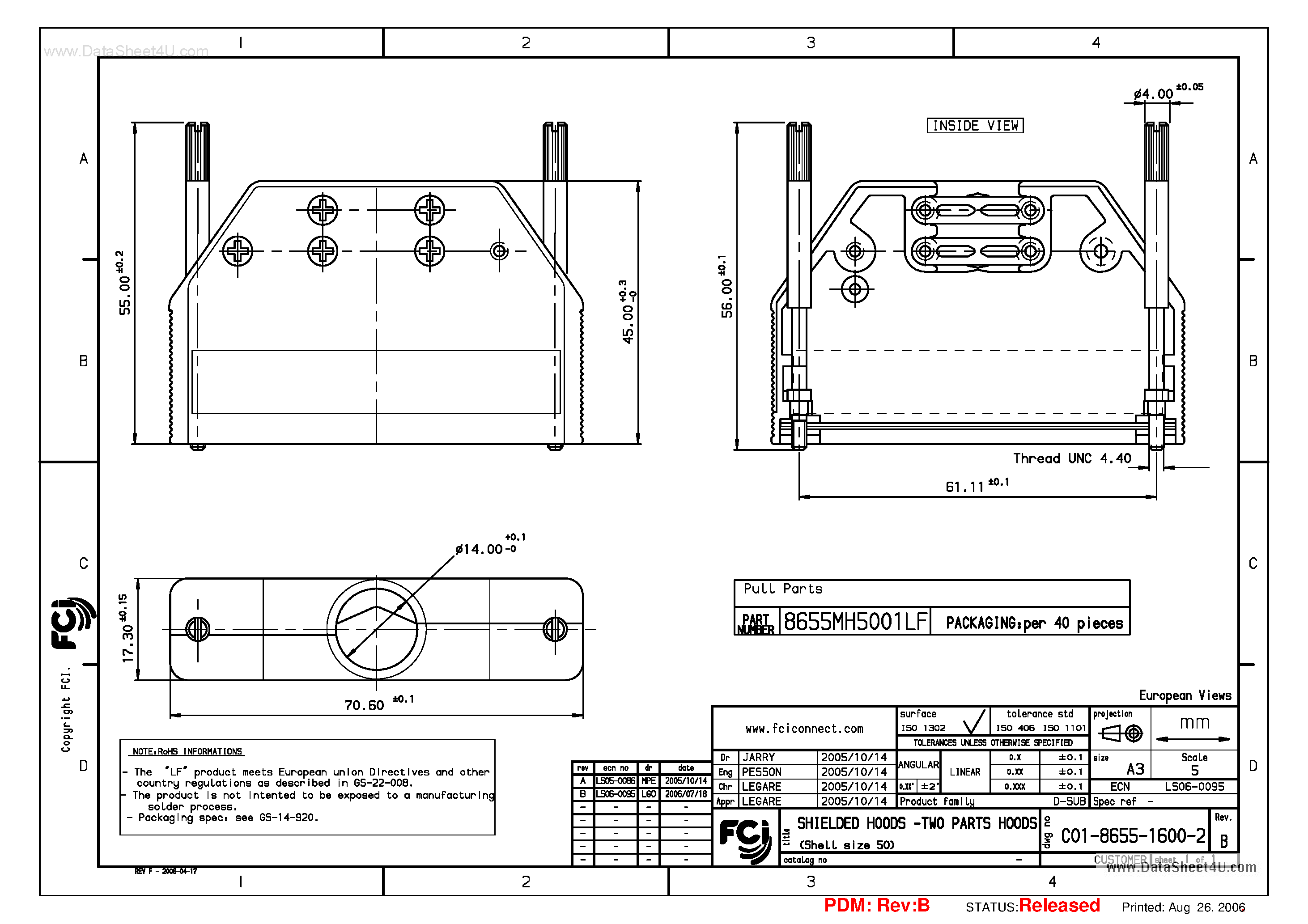 Datasheet 8655MH5011LF page 2 Datasheet 8655MH5011LF - SHIELDED HOOD5 - TWO PARTS HOODS page 2