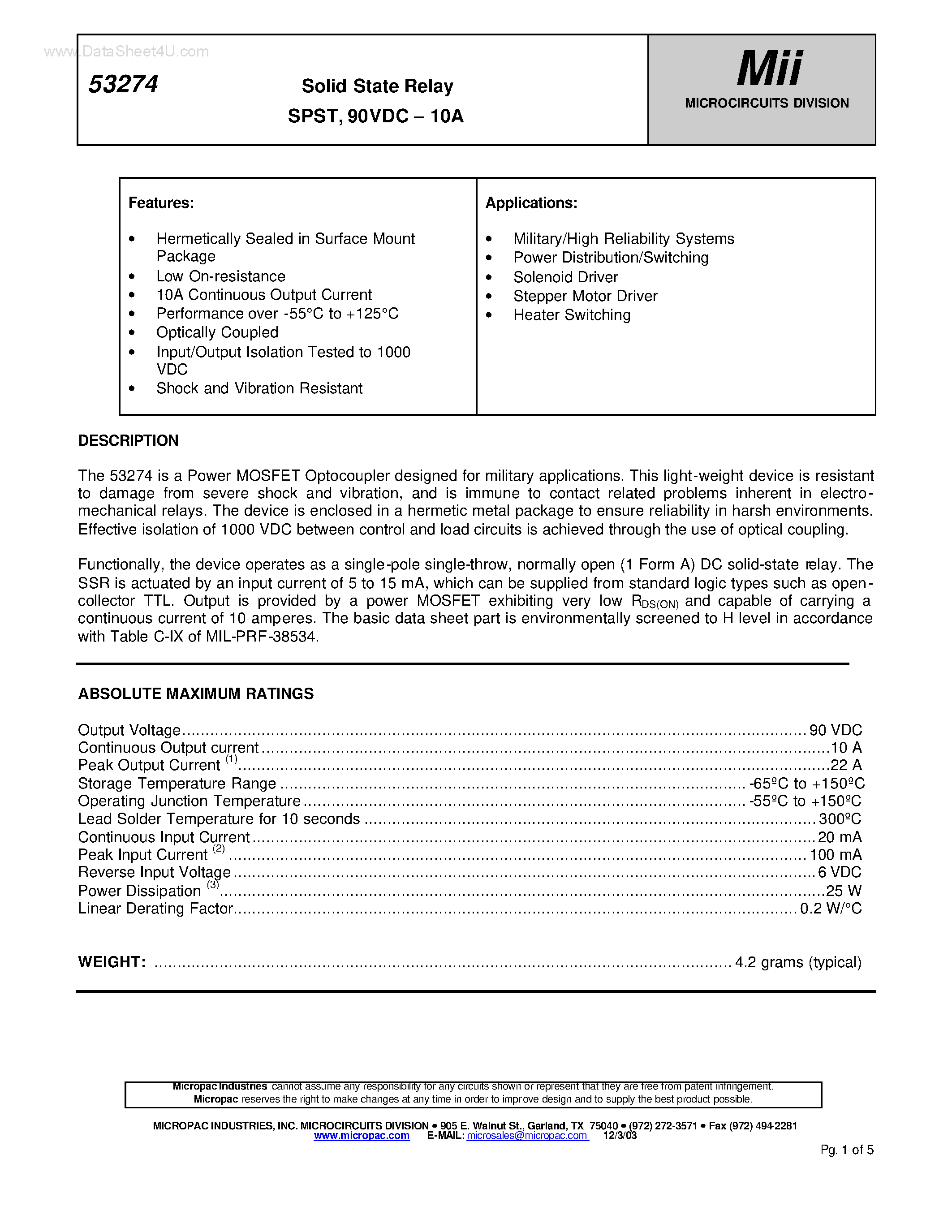 Datasheet 53274 page 1 Datasheet 53274 - Solid State Relay SPST page 1